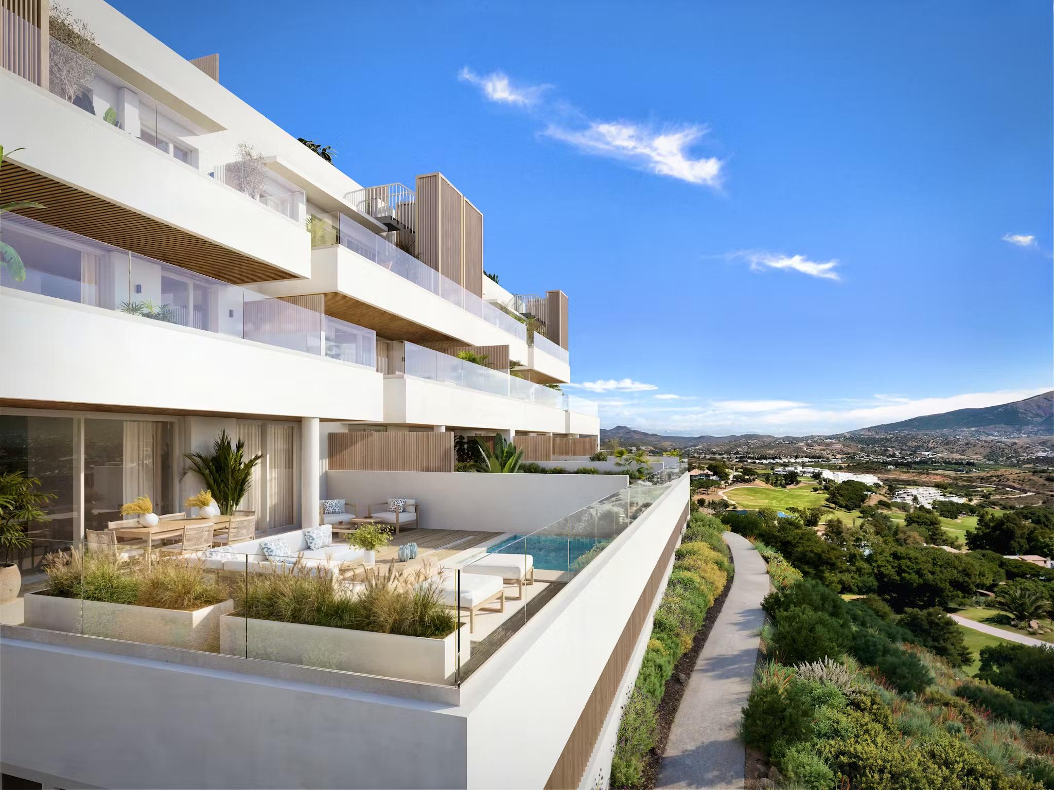 Landscaped communal gardens in new-build development, La Cala Golf, Mijas