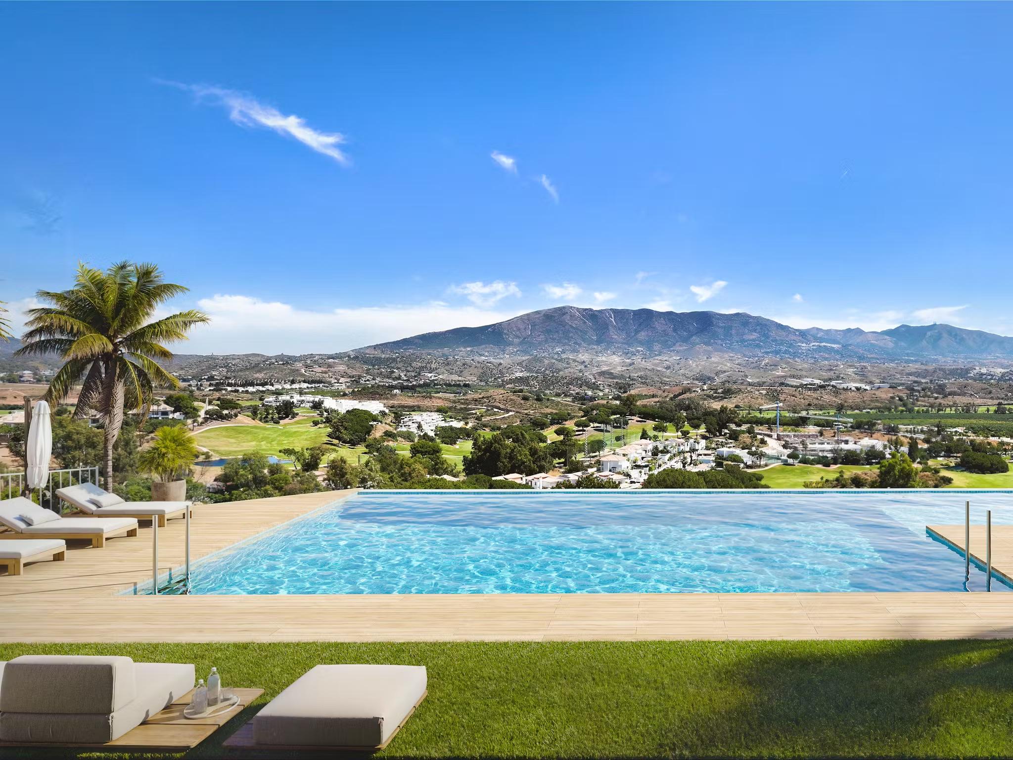 Open-plan living and dining area with porcelain stoneware flooring in La Cala Golf apartment