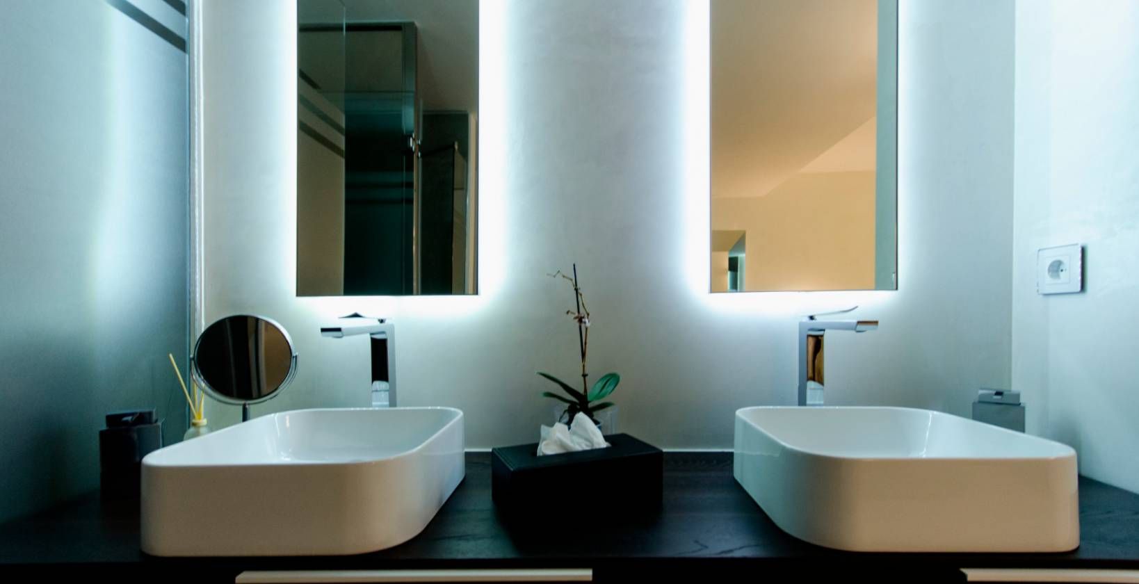 Bathroom walk-in shower enclosure and fittings in new-build villa, Campoamor