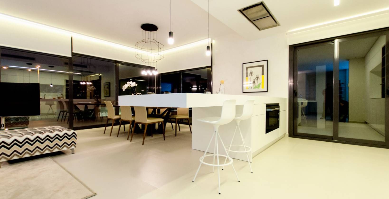 Living space with full-height glazing in new-build villa, Campoamor