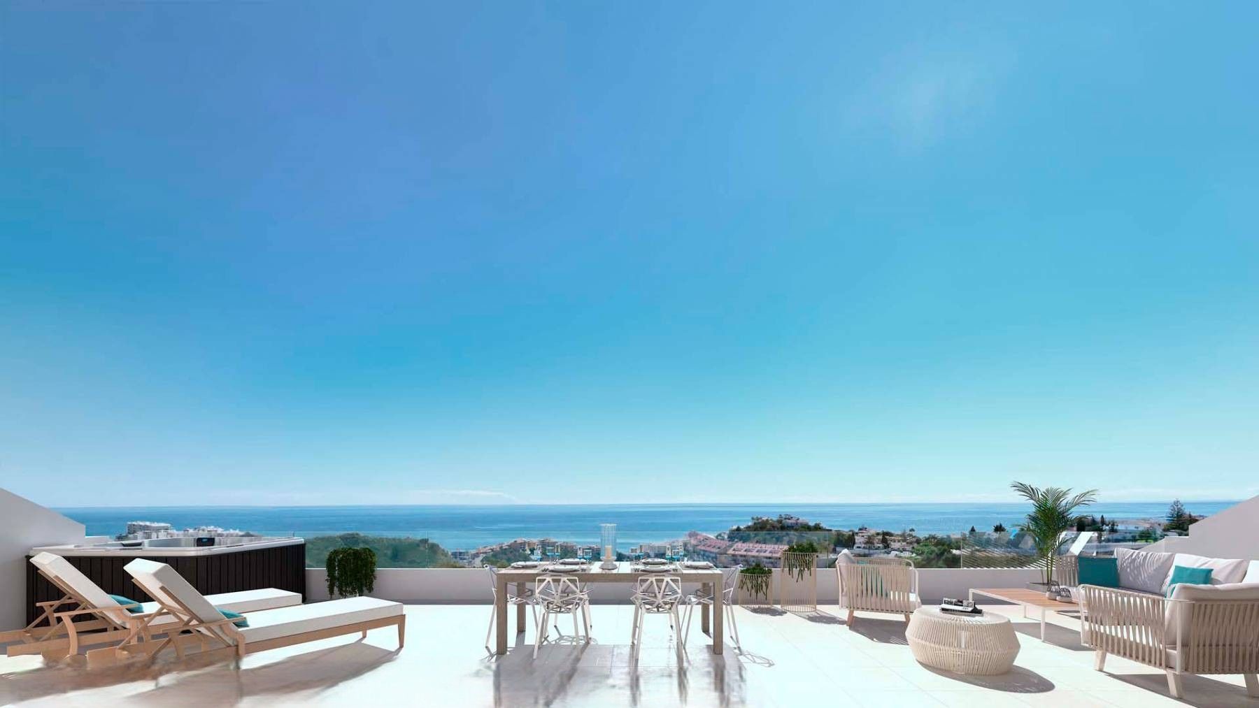Interior overview of open-plan living space, 193 m2 new-build penthouse, El Higuerón