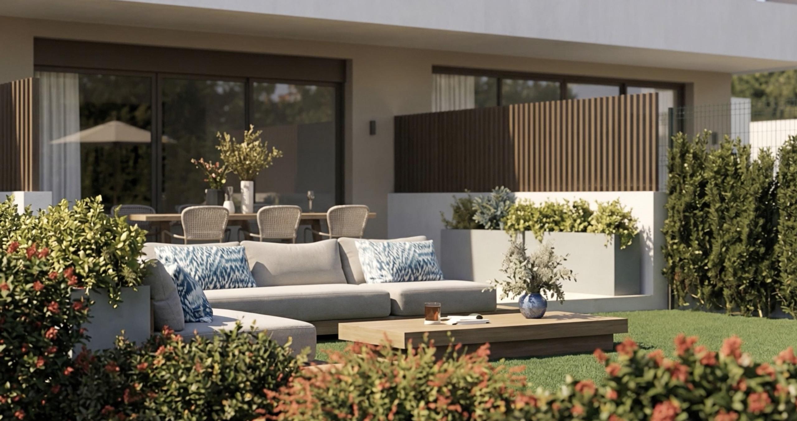Garden and outdoor seating area of new-build townhouse, El Higuerón