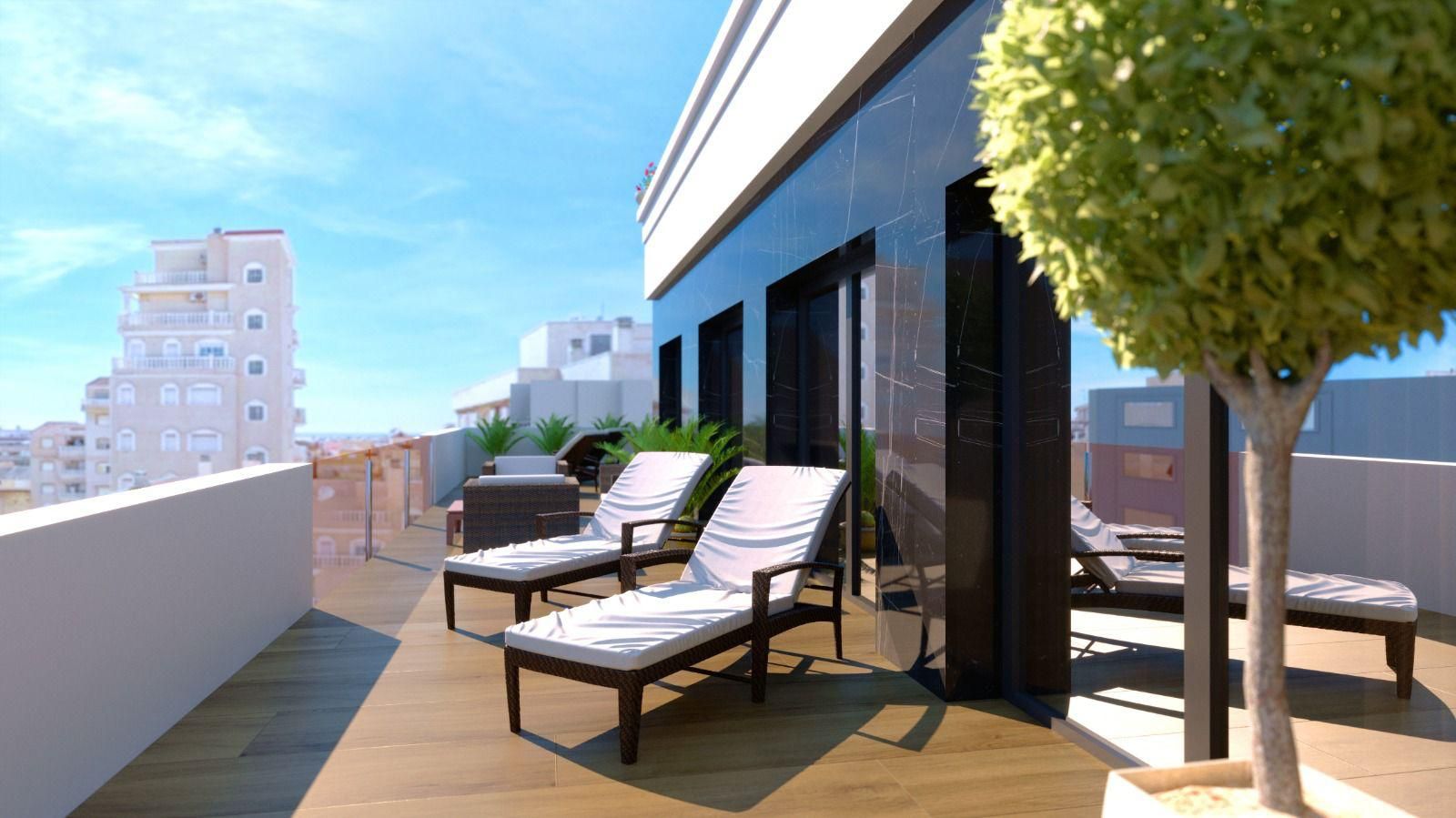 Fitted kitchen with white cabinetry and integrated appliances in new-build penthouse, Centro, Torrevieja