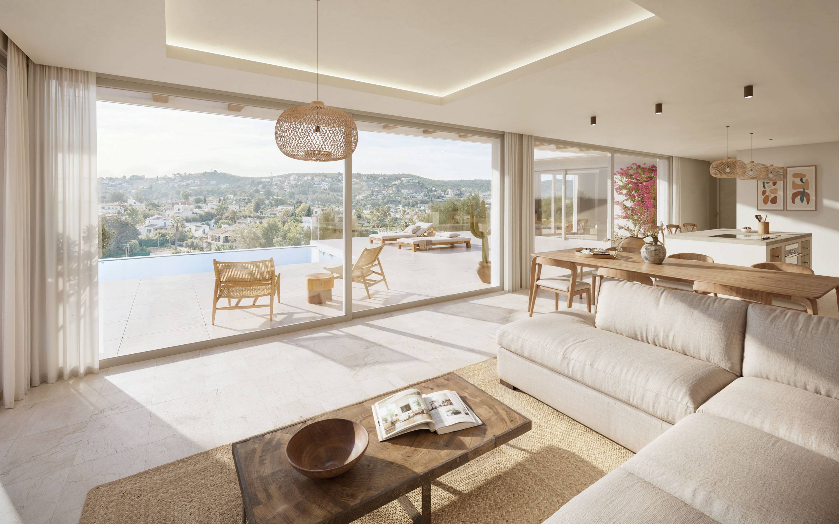 Outdoor terrace with seating area overlooking pool at new-build villa, Partida Comunes-Adsubia, Jávea