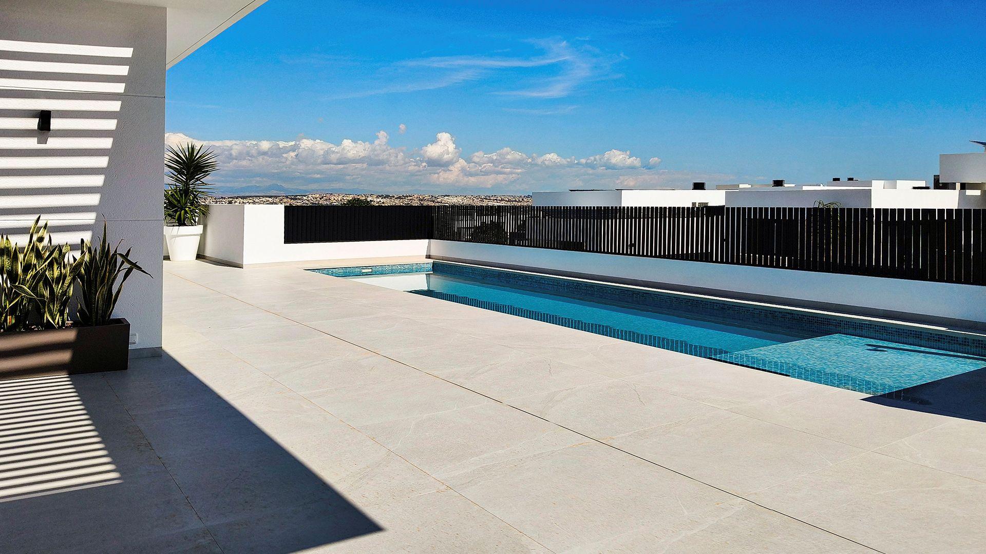 Full rear exterior of new-build villa showing pool and pergola, Centro de la Ciudad Quesada