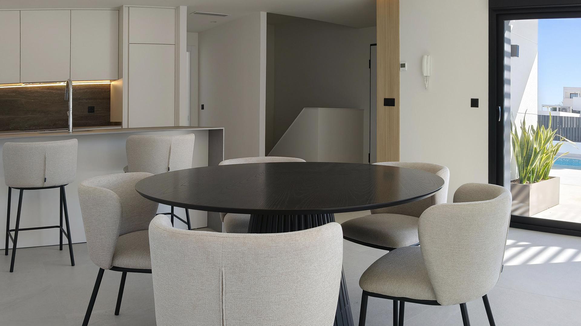 Living area with large windows and wall-mounted air conditioning unit, new-build villa, Rojales