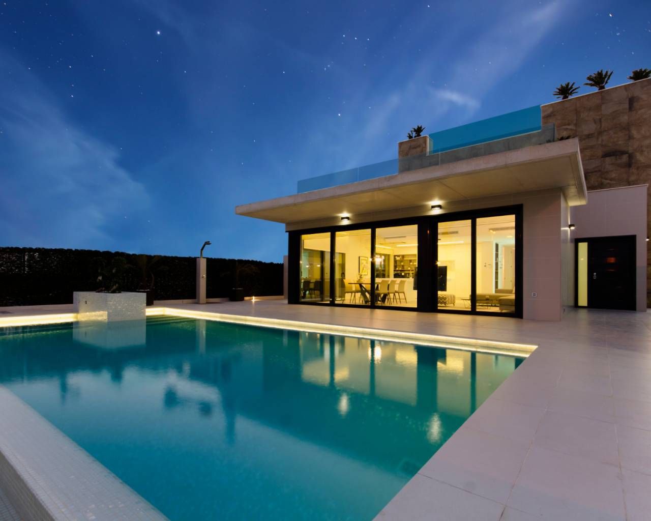 CGI interior render of open-plan living space in new-build villa, Campoamor