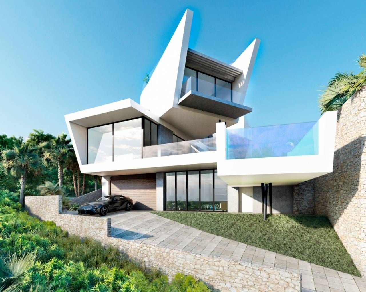 CGI interior render of main bedroom in new-build villa, Campoamor
