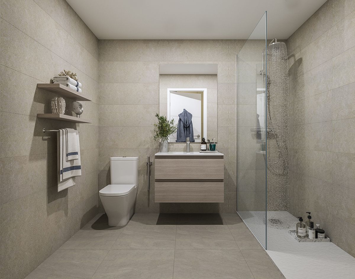 Communal pool at new-build apartment development, Duquesa, Manilva