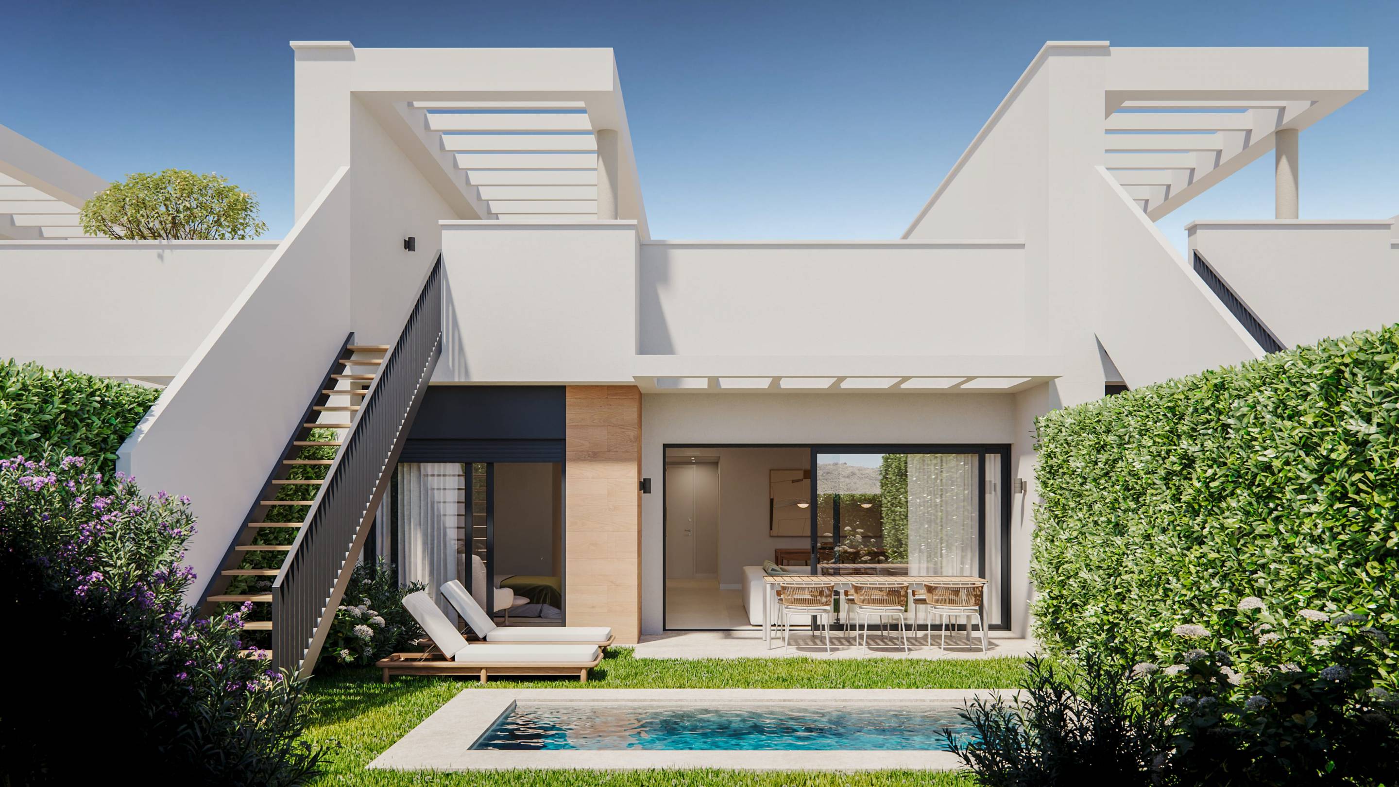 Exterior facade of townhouse in Cerros del Águila development, Mijas