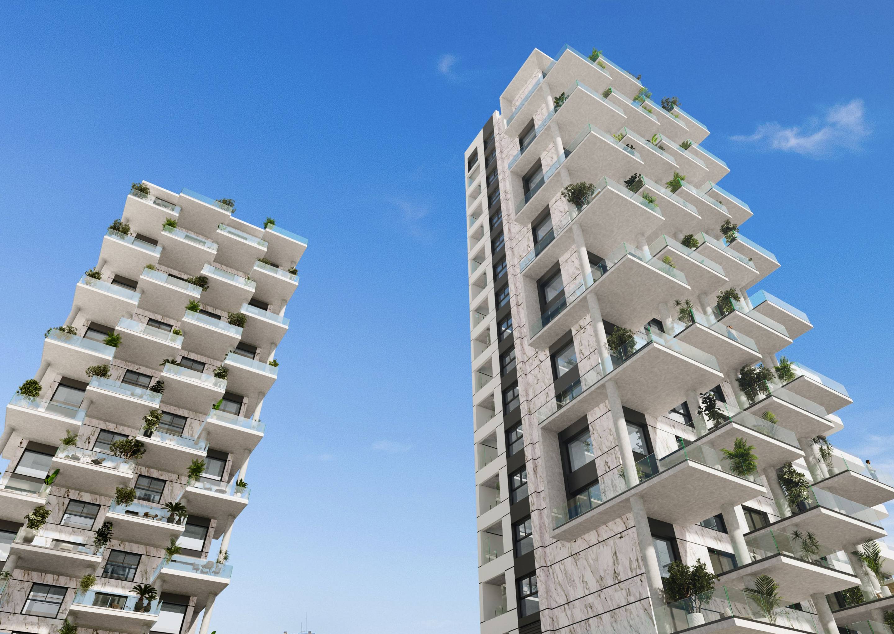 Computer-generated render of communal pool area, new-build development, Calpe