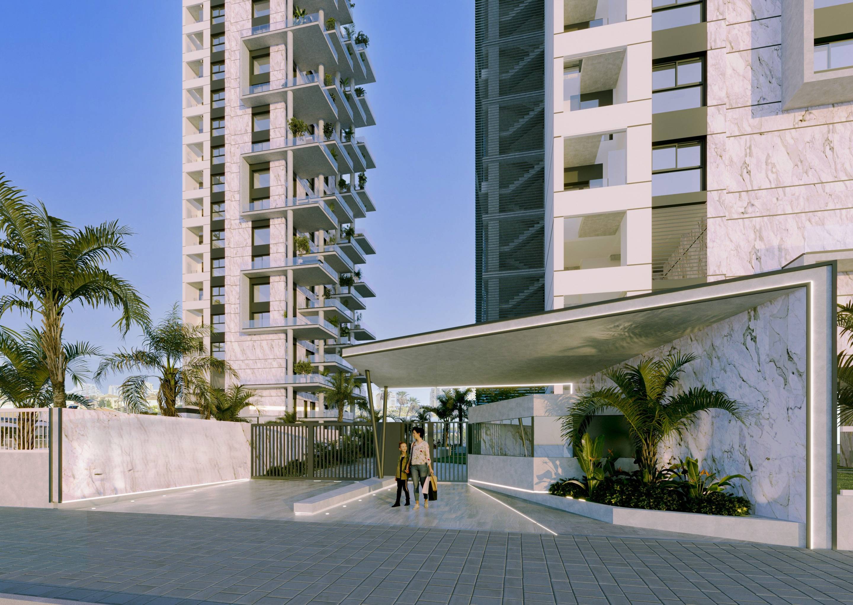 Computer-generated render of communal gardens, residential complex, Calpe