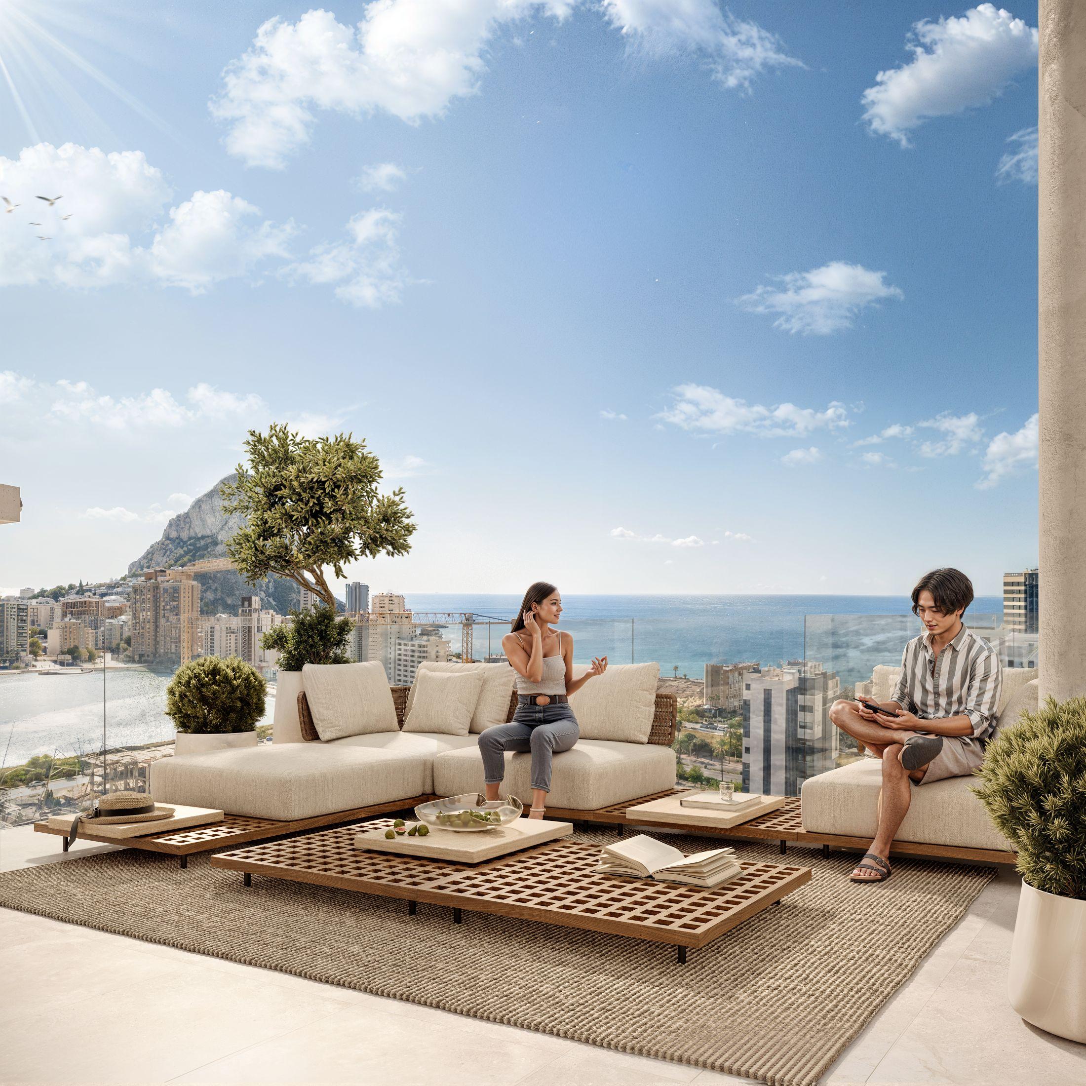 Open-plan living and dining area in 3-bedroom penthouse, Playa Arenal-Bol, Calpe
