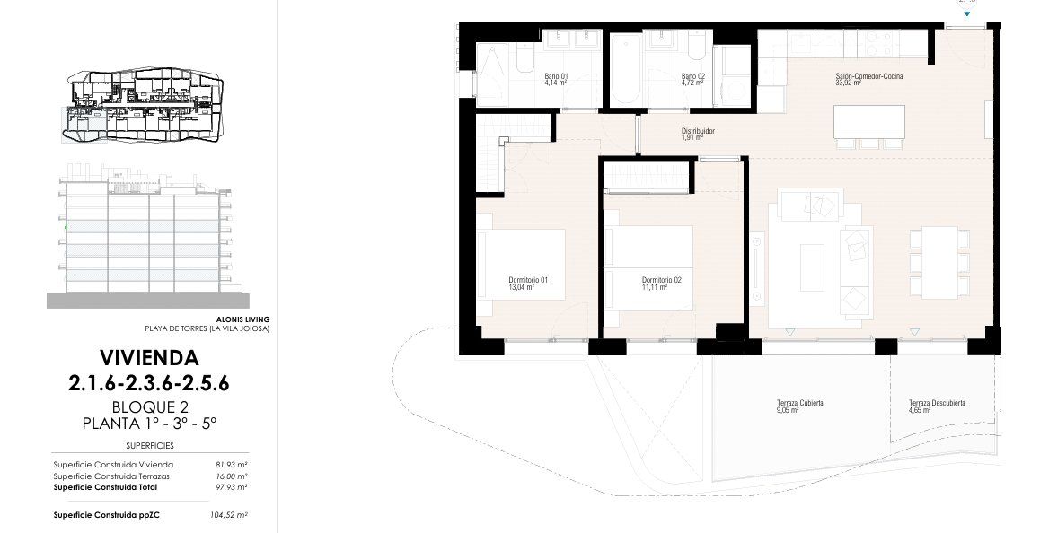 Floor plan of 2-bedroom 110 m2 apartment in Playas Del Torres, Villajoyosa
