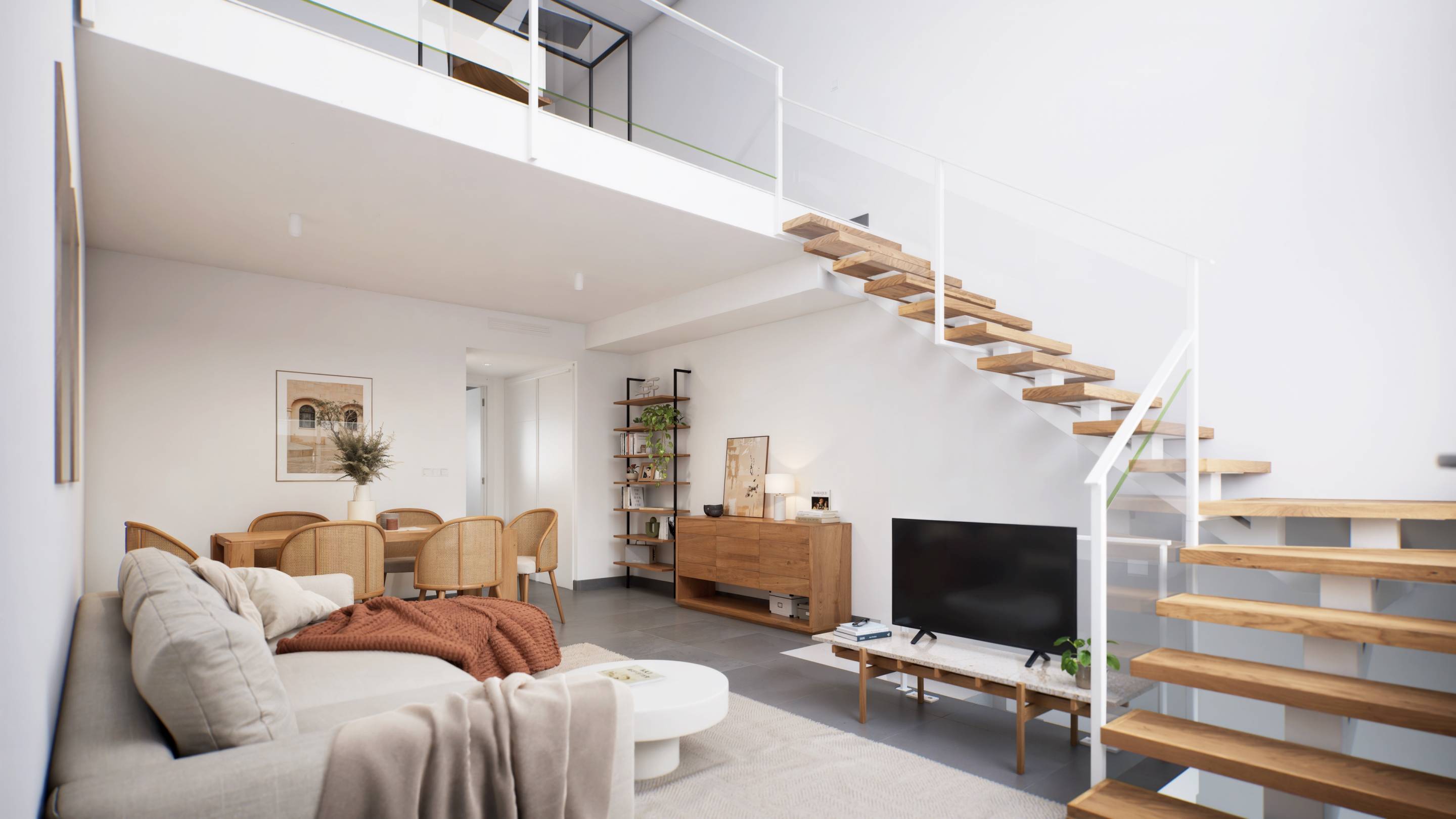 Ground-floor living room with porcelain tile flooring in new-build townhouse, Monte y Mar Bajo