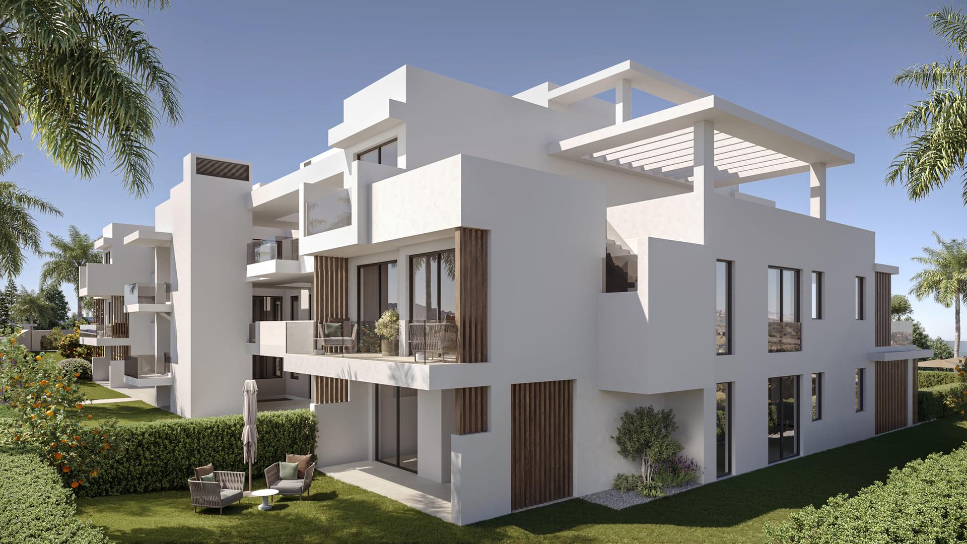 Communal landscaped gardens in new-build development, Sotoserena, Estepona