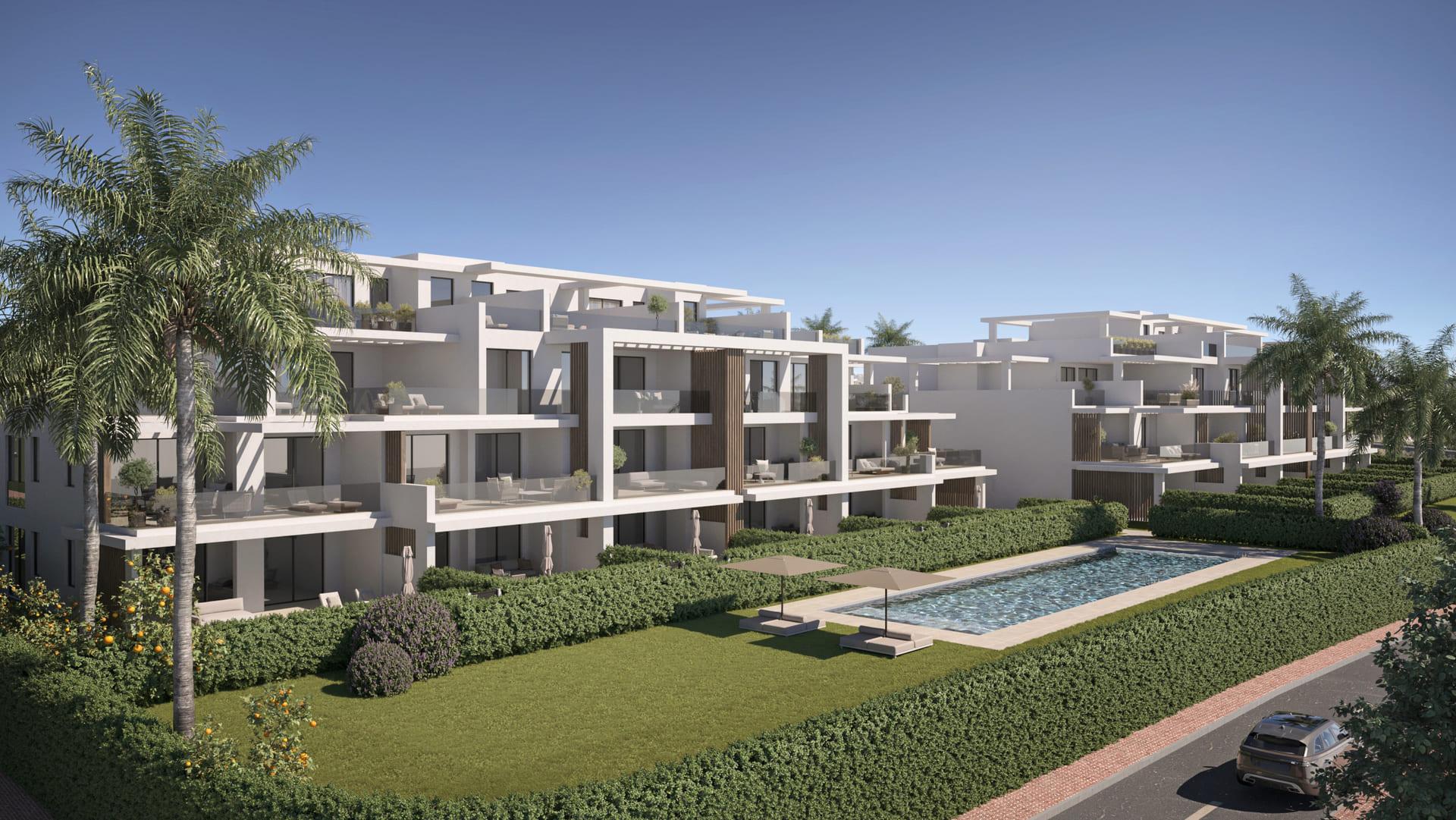 CGI render of new-build apartment block exterior, Sotoserena, Estepona