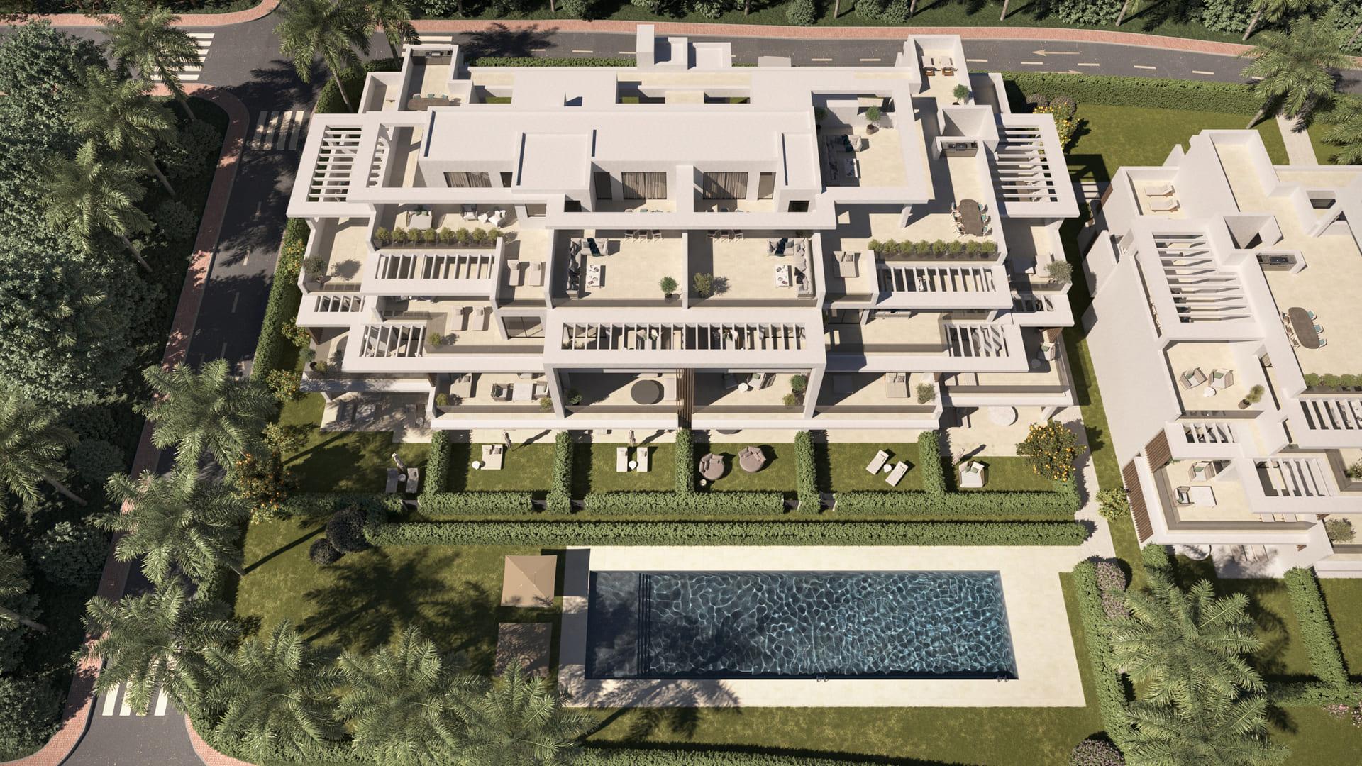 Interior render of master bedroom in new-build apartment, Sotoserena, Estepona
