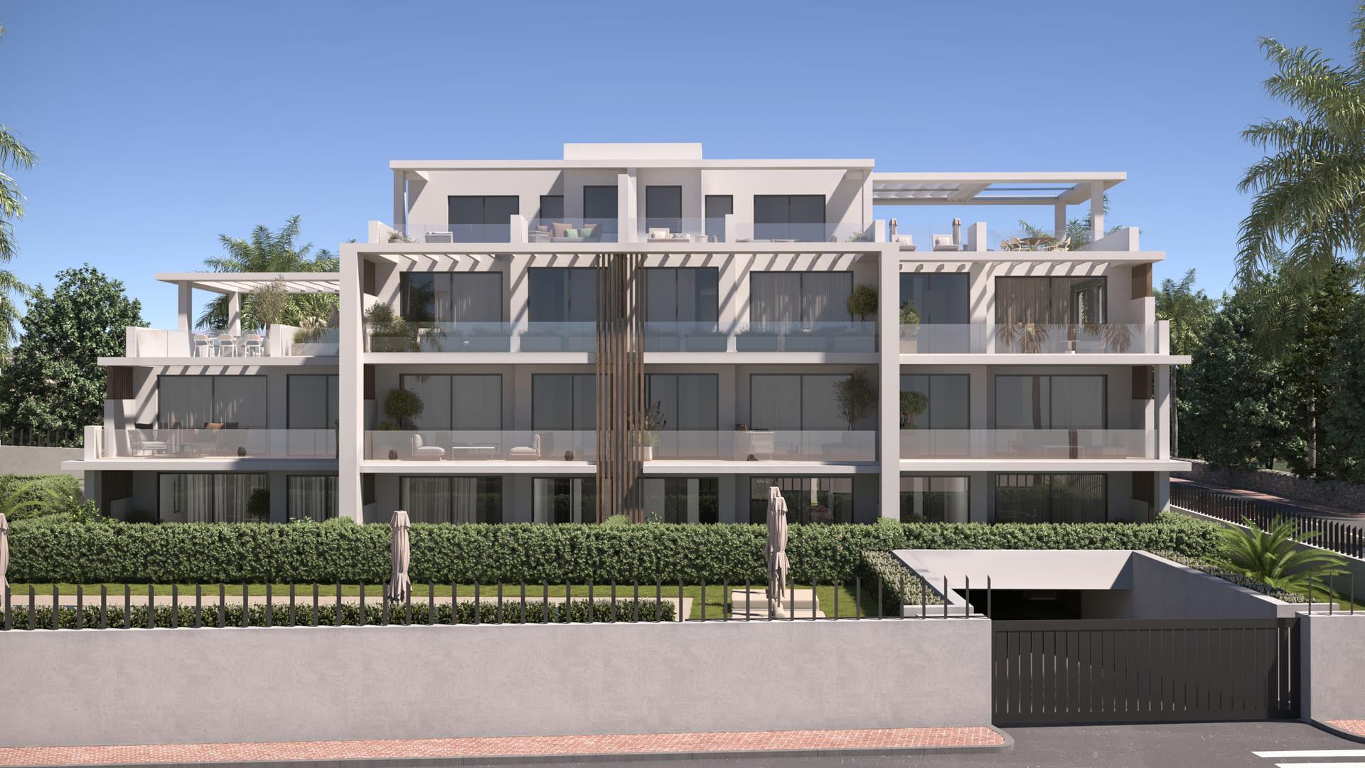 Render of terrace with communal pool view, new-build apartment, Sotoserena, Estepona
