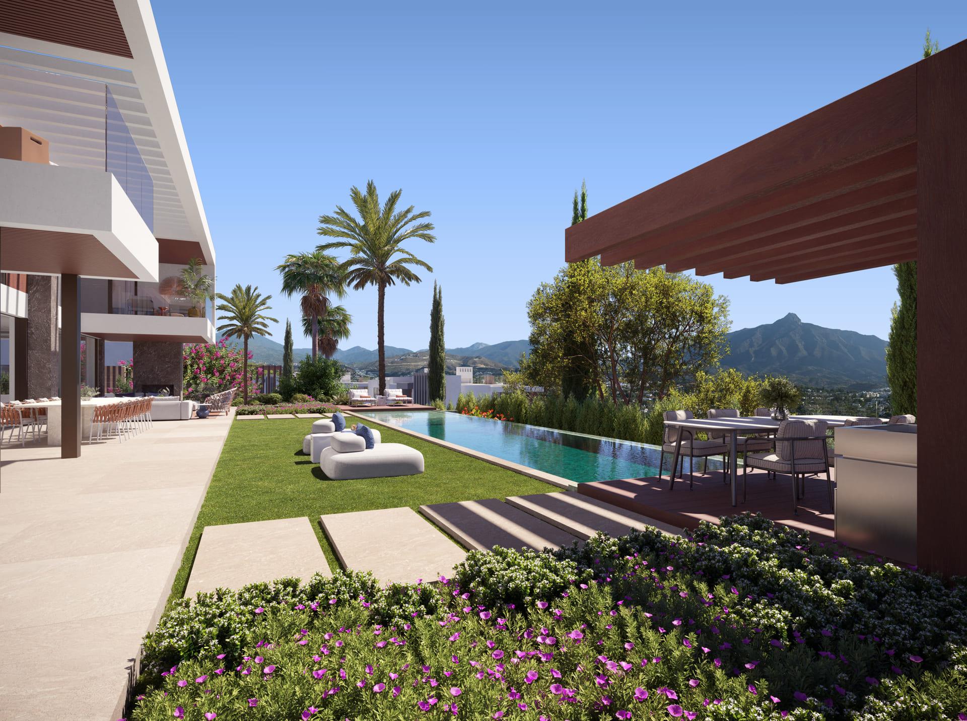 Approach to main entrance of new-build villa in Nueva Andalucía, Marbella