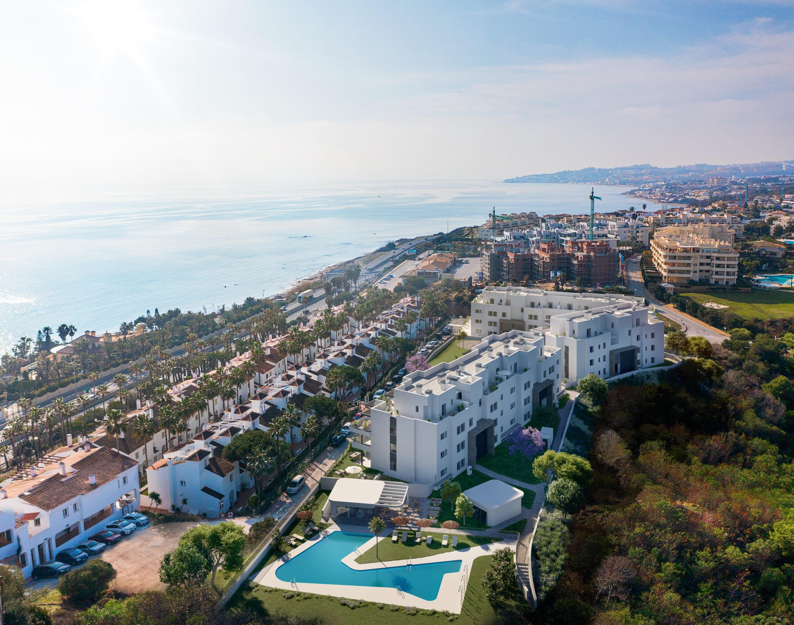 Ceramic-tiled hallway inside 3-bedroom new-build ground-floor apartment, Agua Marina, Mijas