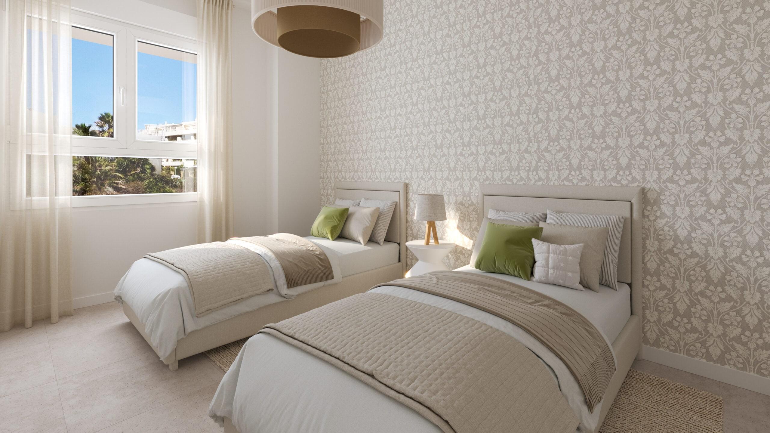 Kitchen with fitted units and integrated appliances in new-build apartment, Agua Marina, Mijas