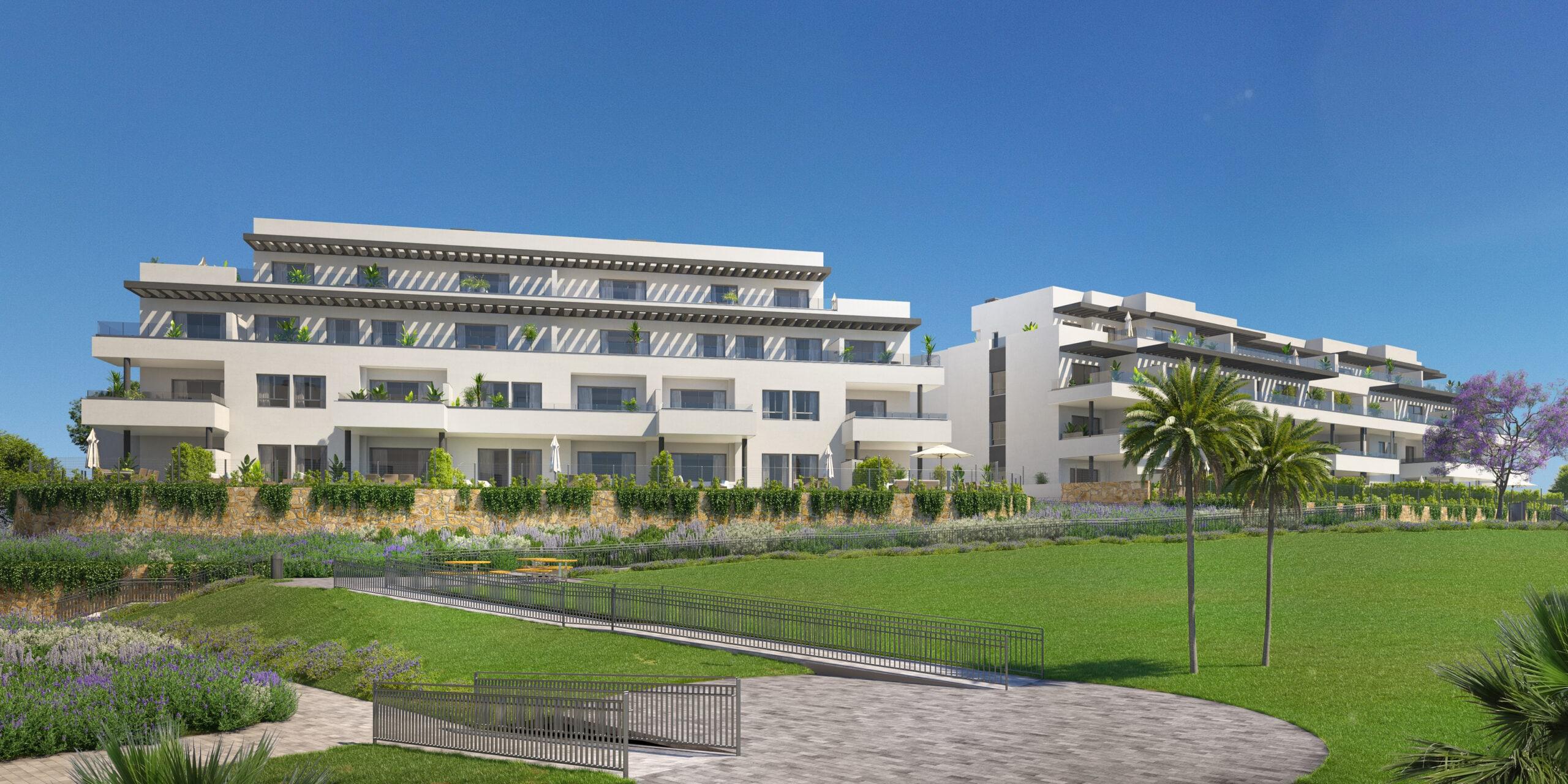 Ground-floor outlook towards landscaped communal gardens, Agua Marina, Mijas