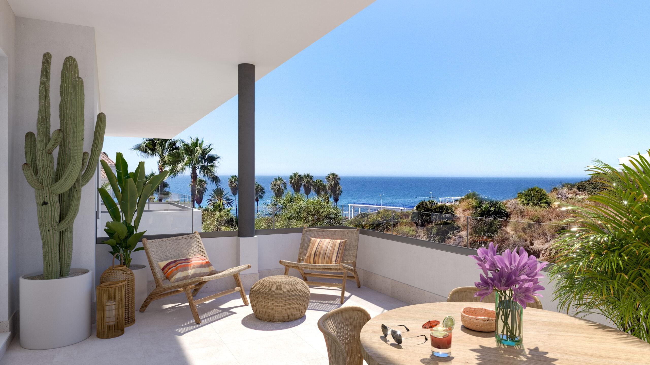 Open-plan living and dining area with ceramic tile flooring in ground-floor new-build apartment, Agua Marina, Mijas
