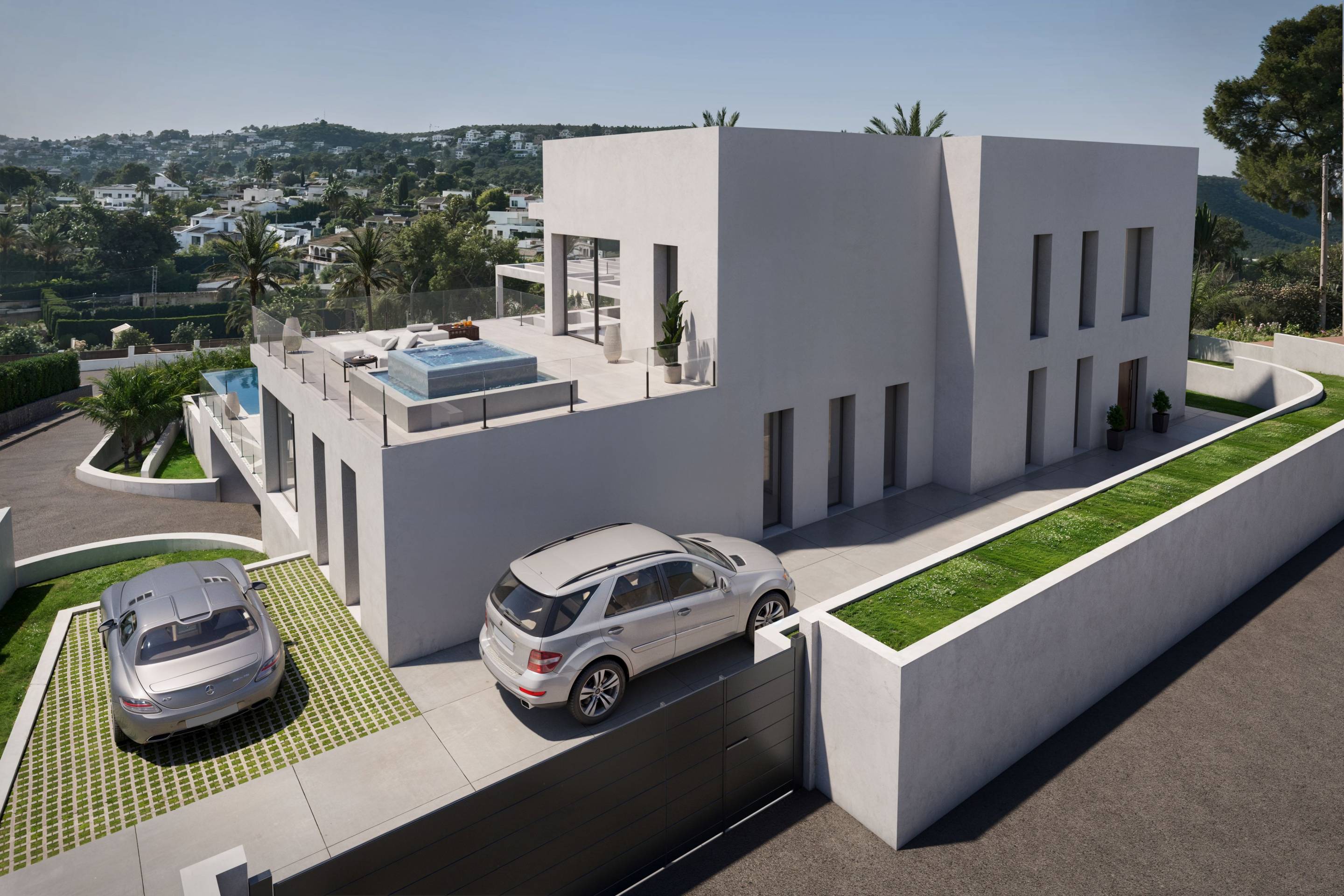 Exterior facade and driveway with private garage access, new-build villa in Pinomar, Jávea