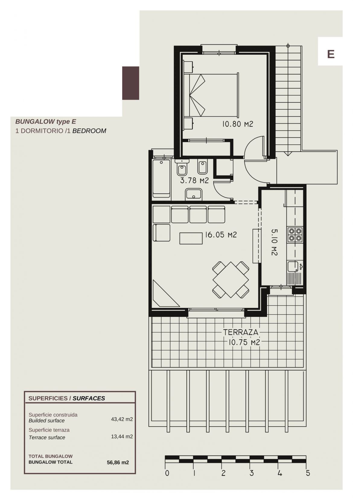 Floor plan of 1-bedroom 43 m2 apartment, Gran Sol, Calpe