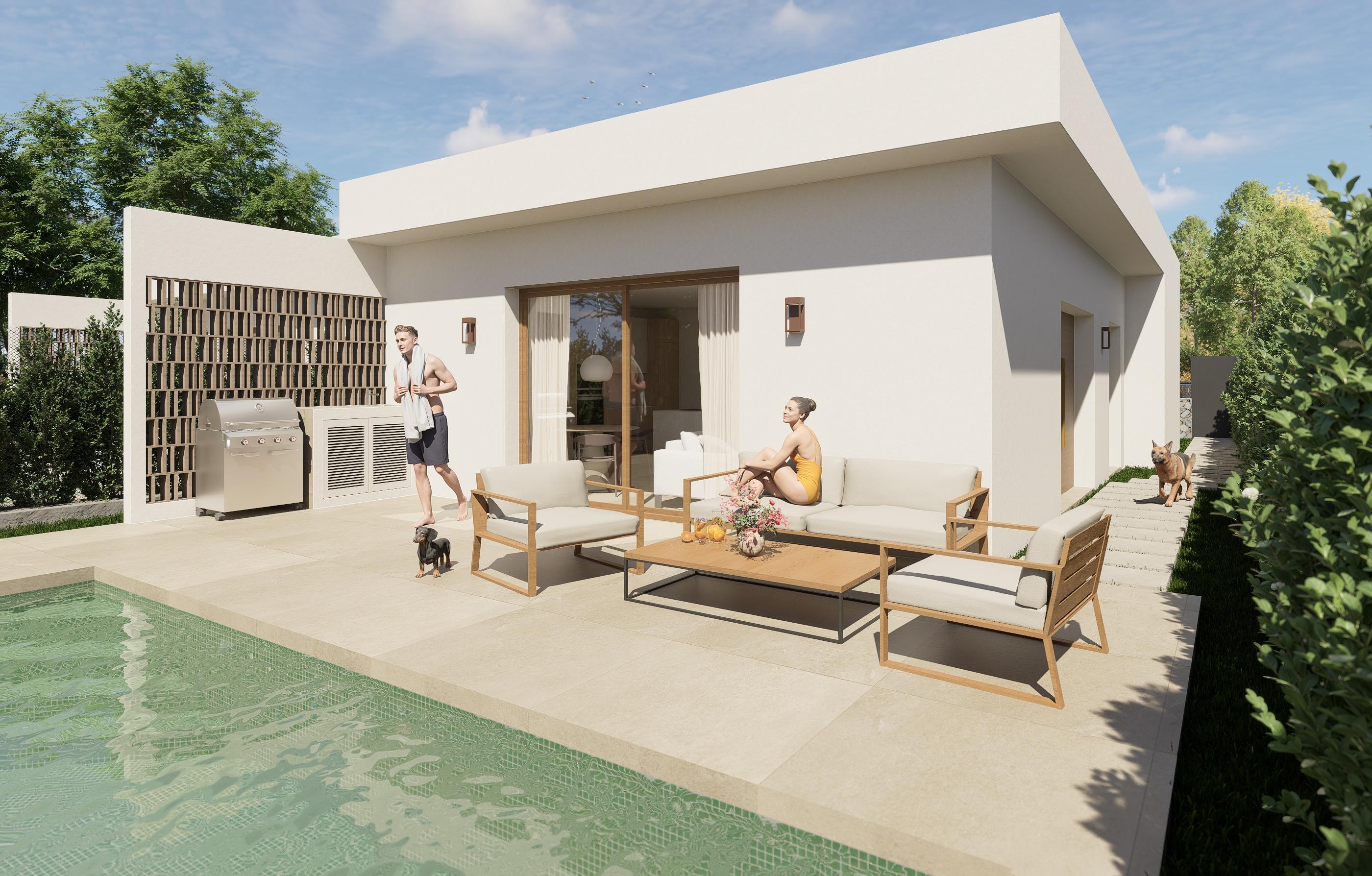 Private pool and garden of 3-bedroom new-build villa in Los Montesinos, Alicante