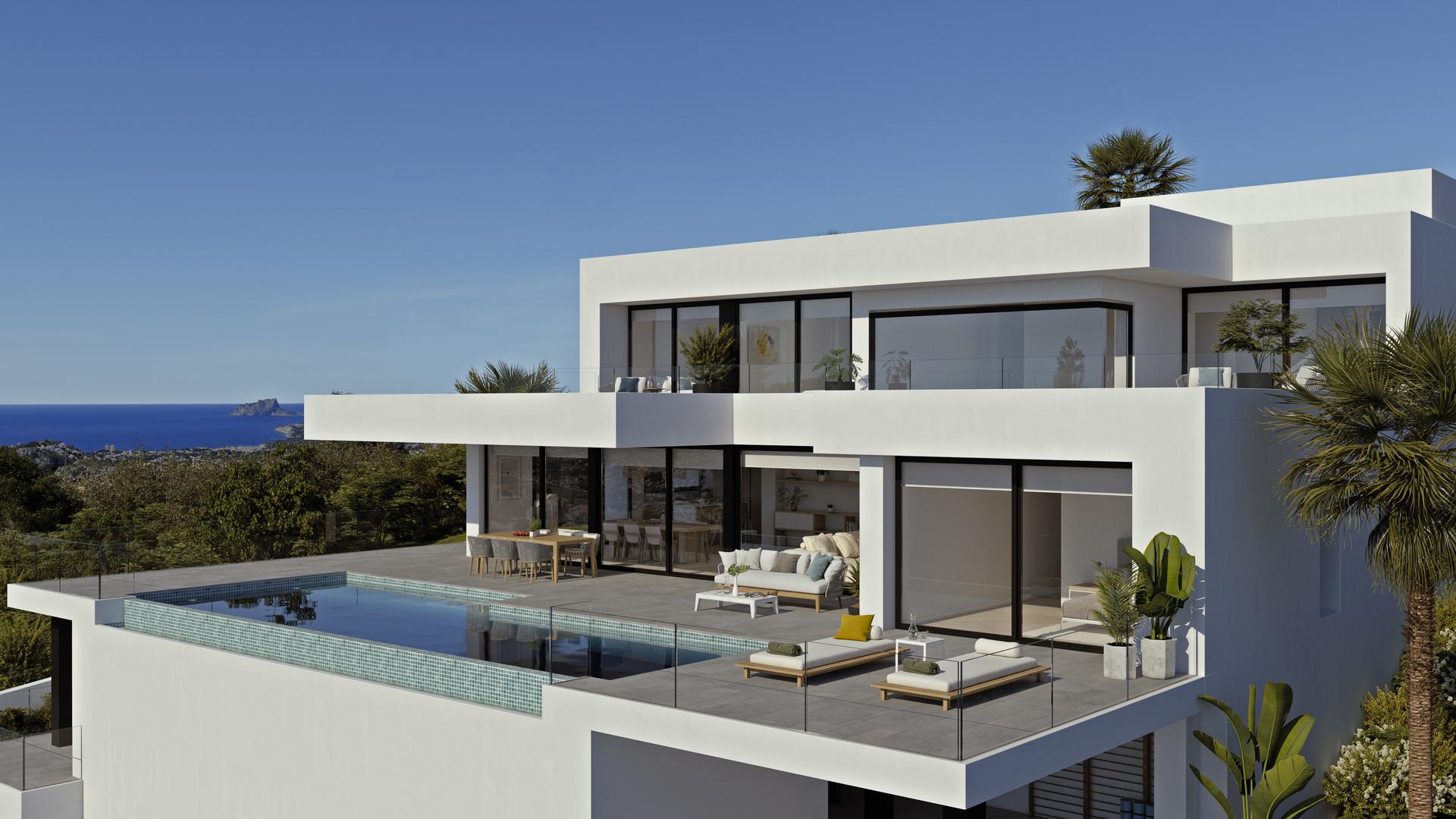 Upper floor terrace with views in new-build villa, Benitachell