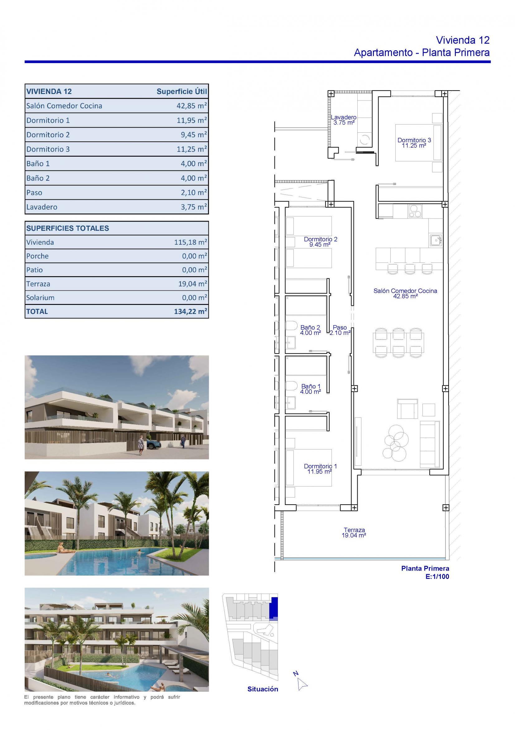 Floor plan of 3-bedroom first-floor apartment in Zona Pueblo, Pilar De La Horadada