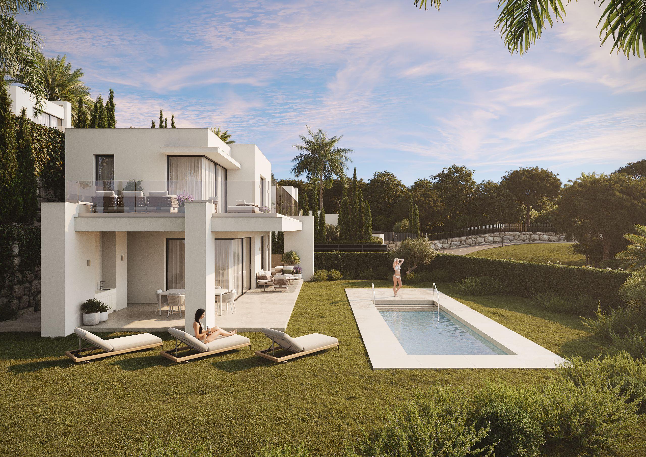 Living room with large glazed doors opening to terrace, new-build villa, Mijas Pueblo
