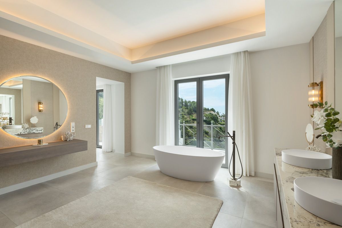 Pool deck and landscaped garden of new-build villa, La Zagaleta-El Madroñal, Benahavis