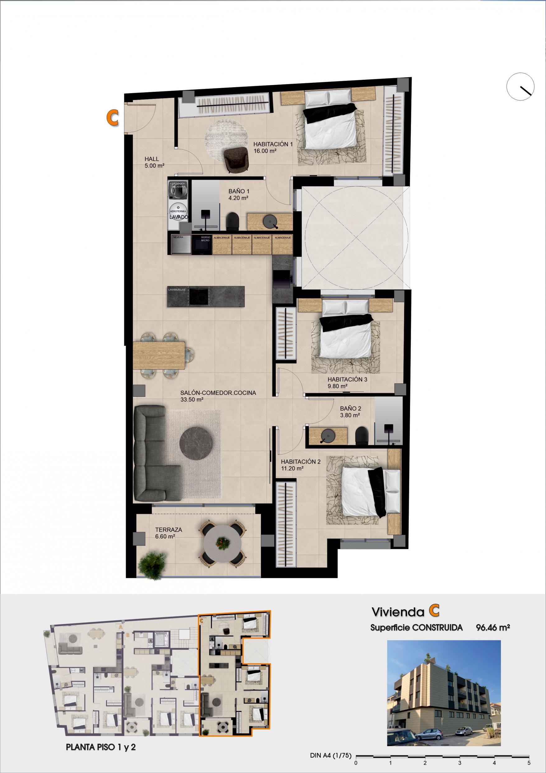 Floor plan of 3-bedroom 94 m2 new-build apartment, Catral, Alicante