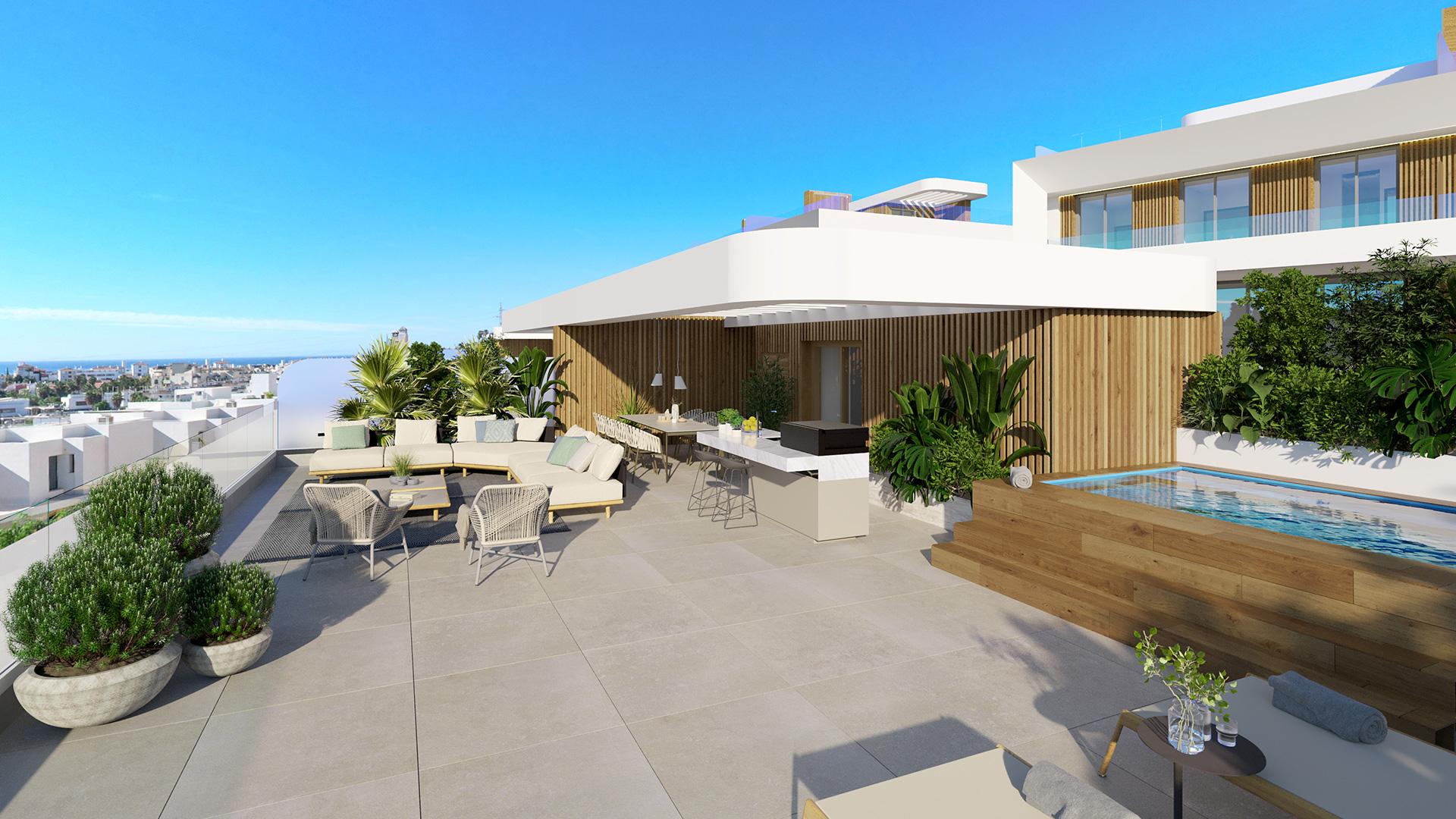 Landscaped garden and outdoor area at new-build villa development, Estepona