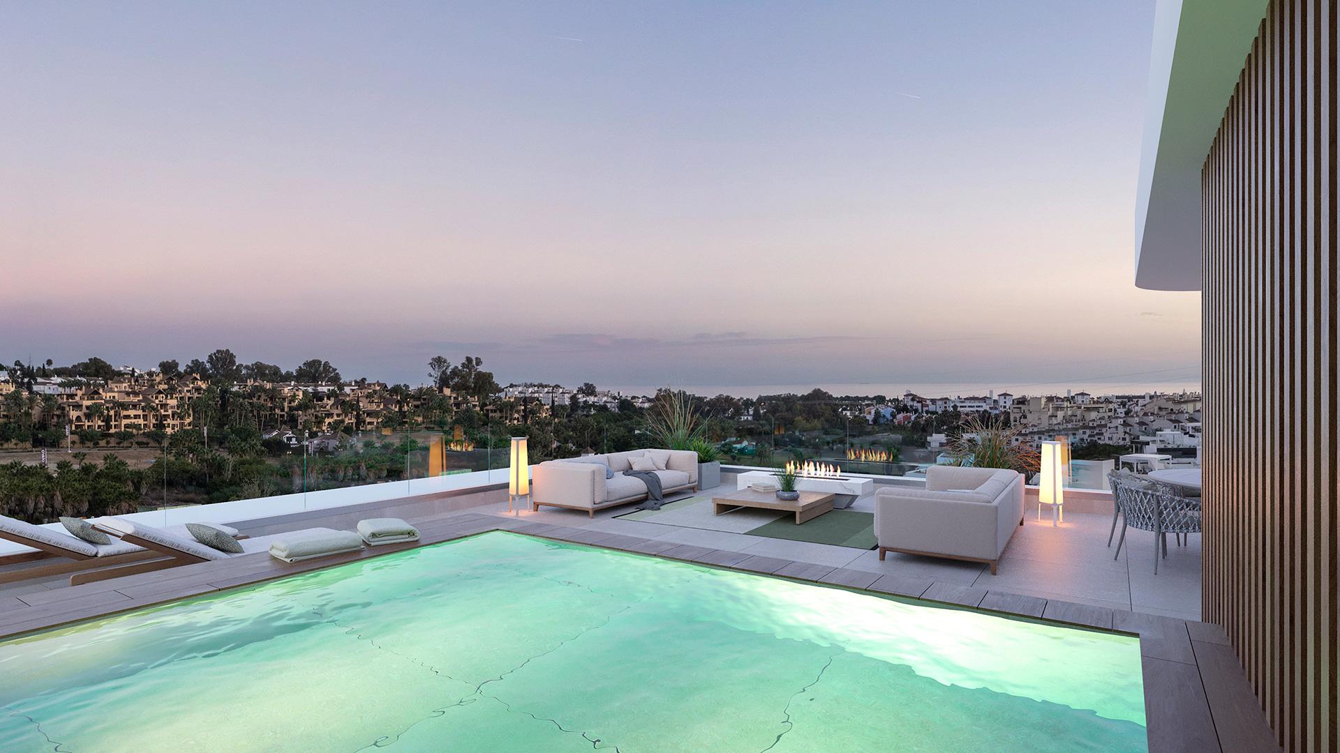 Covered terrace adjacent to living area in new-build villa, Estepona