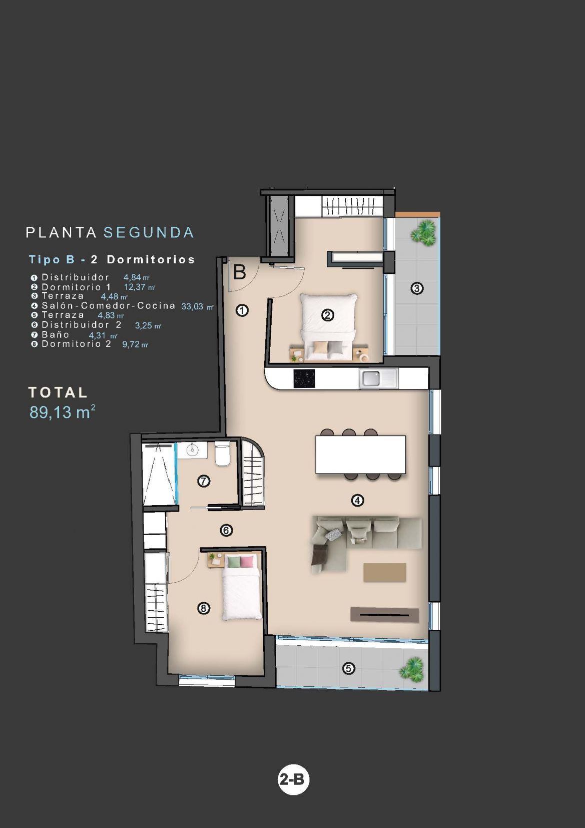 Floor plan of 2-bedroom new-build apartment in Centro, Torrevieja showing 89m2 layout