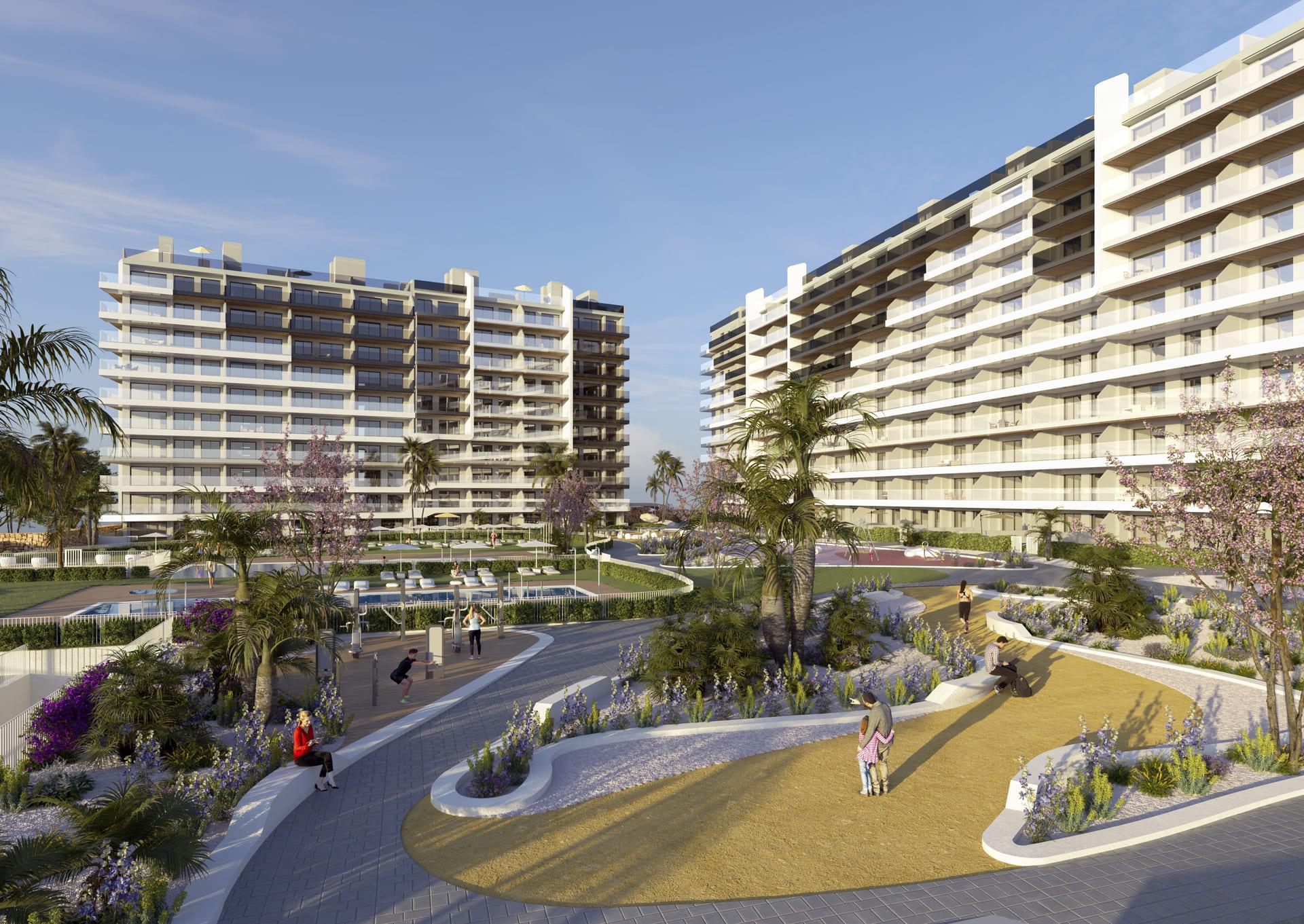 Street-level view of residential complex in Punta Prima, Torrevieja
