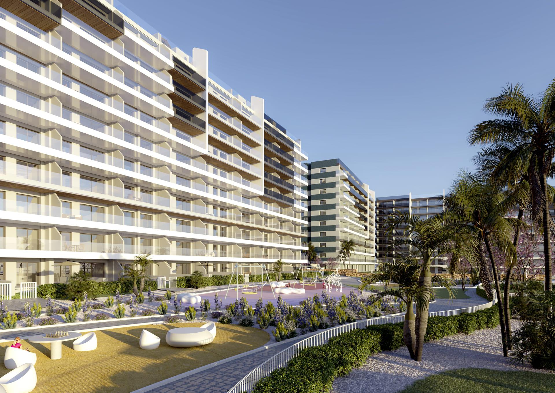 Architectural detail of new-build block facade, Punta Prima, Torrevieja