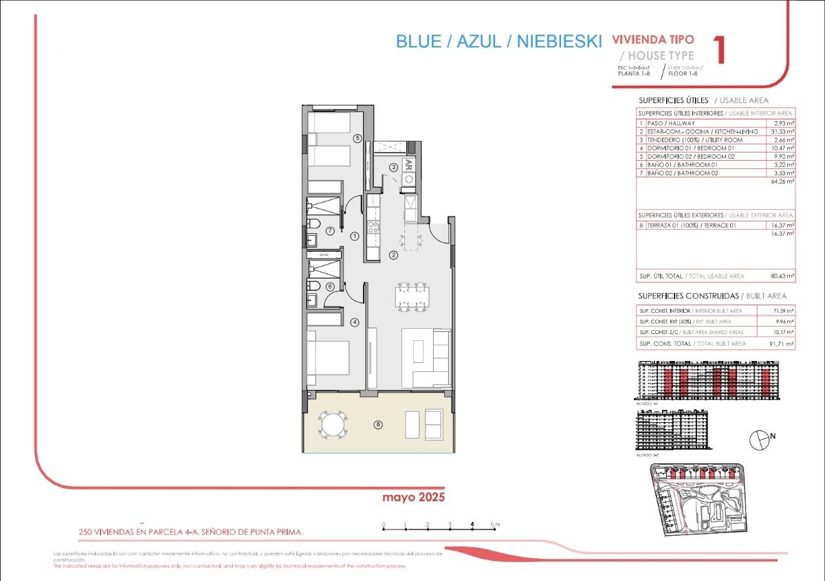 Floor plan of 2-bedroom 91 m2 apartment on 6th floor, Punta Prima, Torrevieja