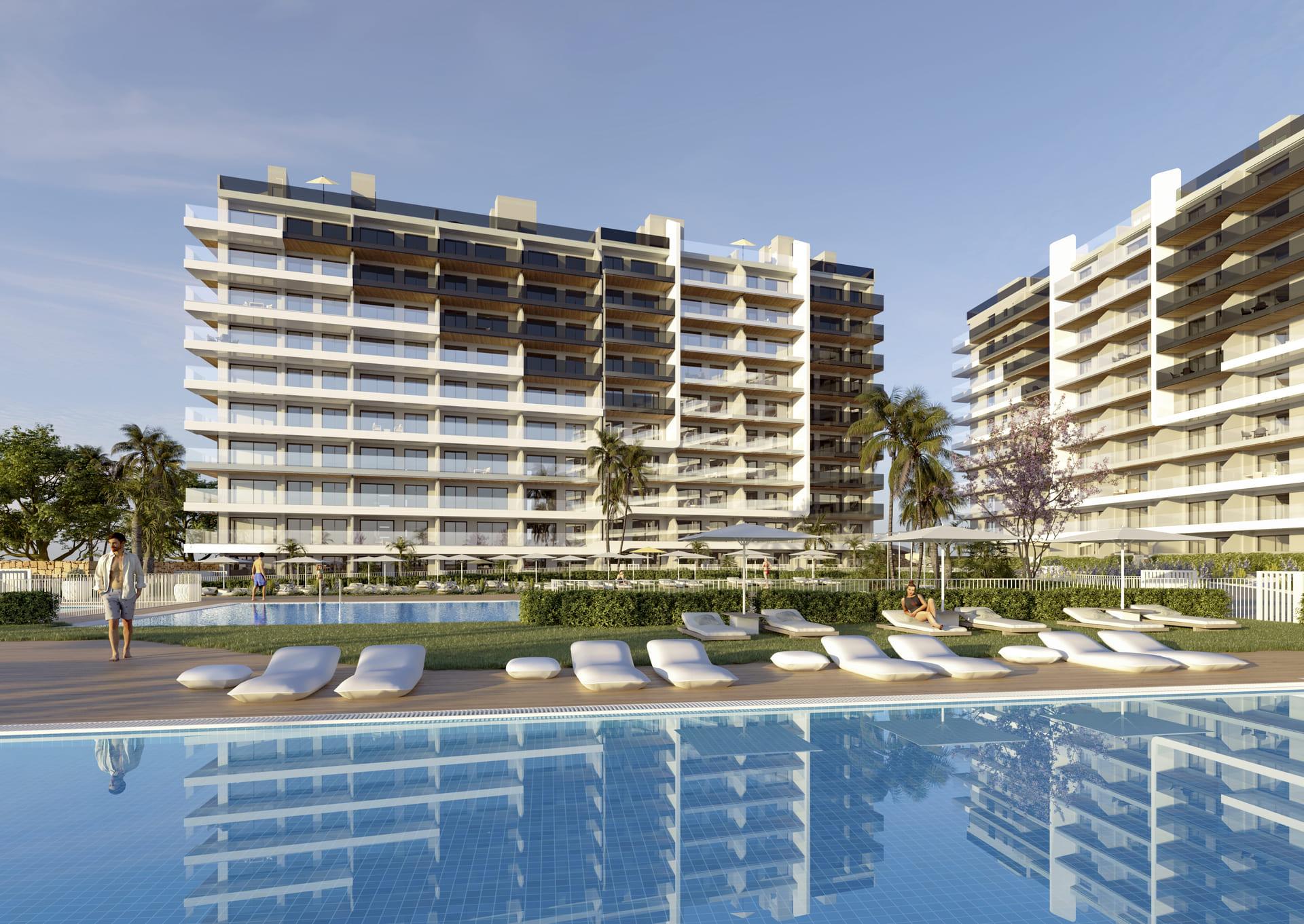 Living room with large windows in 2-bedroom apartment, Punta Prima