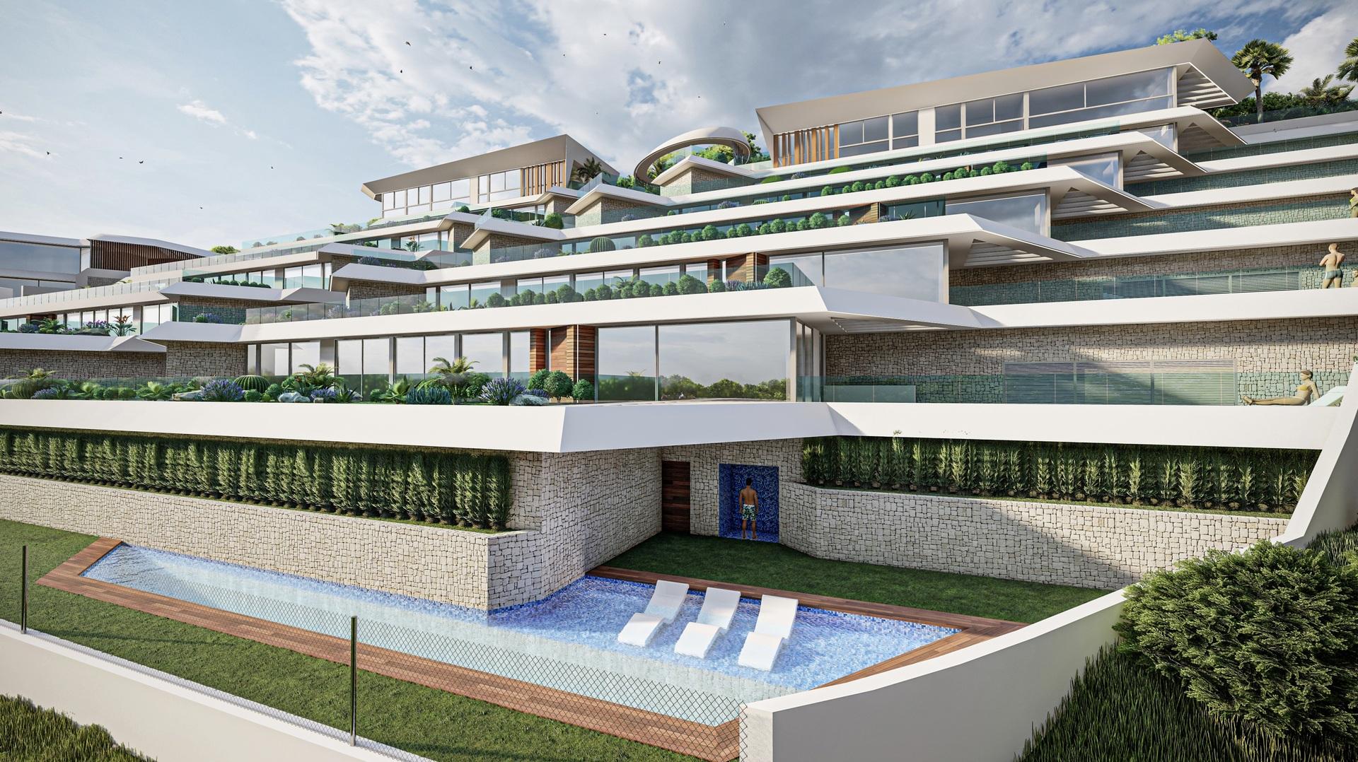 Open-plan living area in 3-bedroom new-build apartment, Puerto, Calpe
