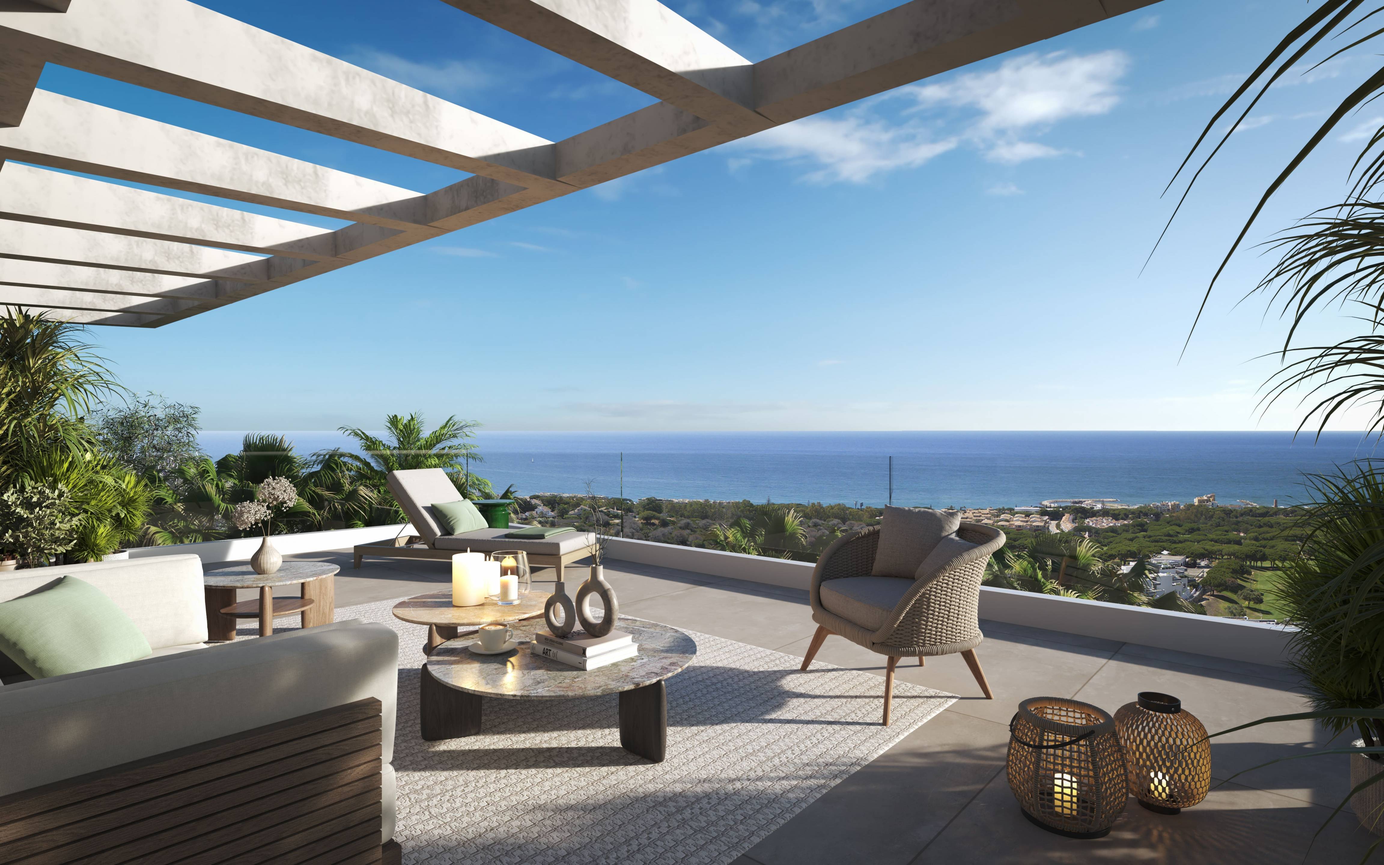 Covered pergola over outdoor terrace in new-build apartment, Cabopino, Marbella