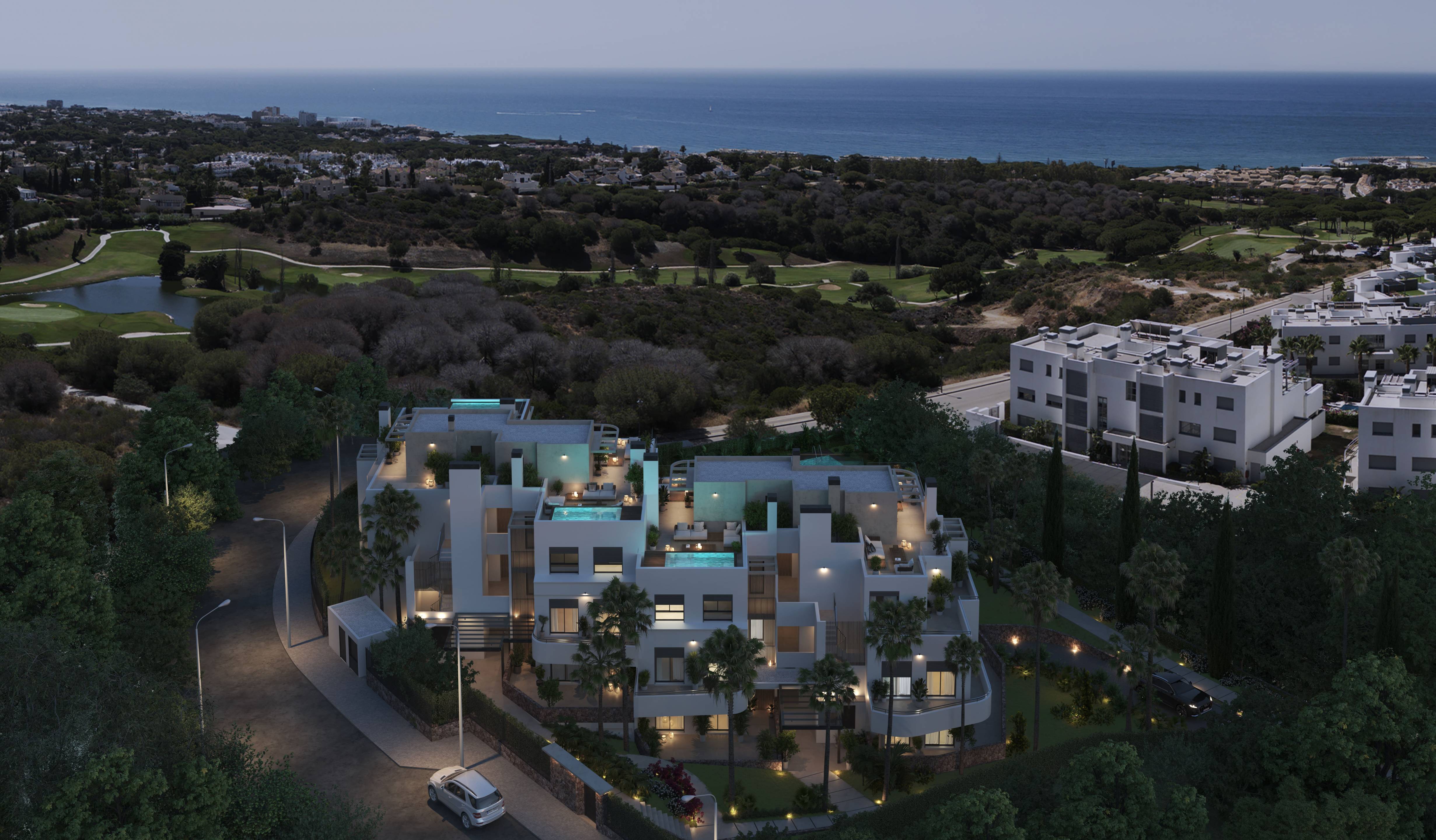 Exterior facade of three-storey new-build development, Cabopino, Marbella
