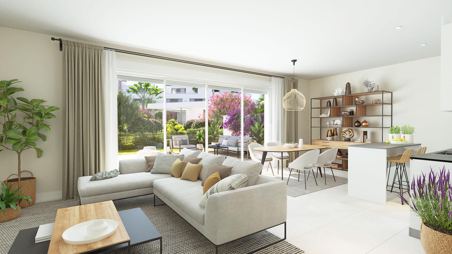Communal pool area of new-build residential complex, Los Flamingos, Estepona