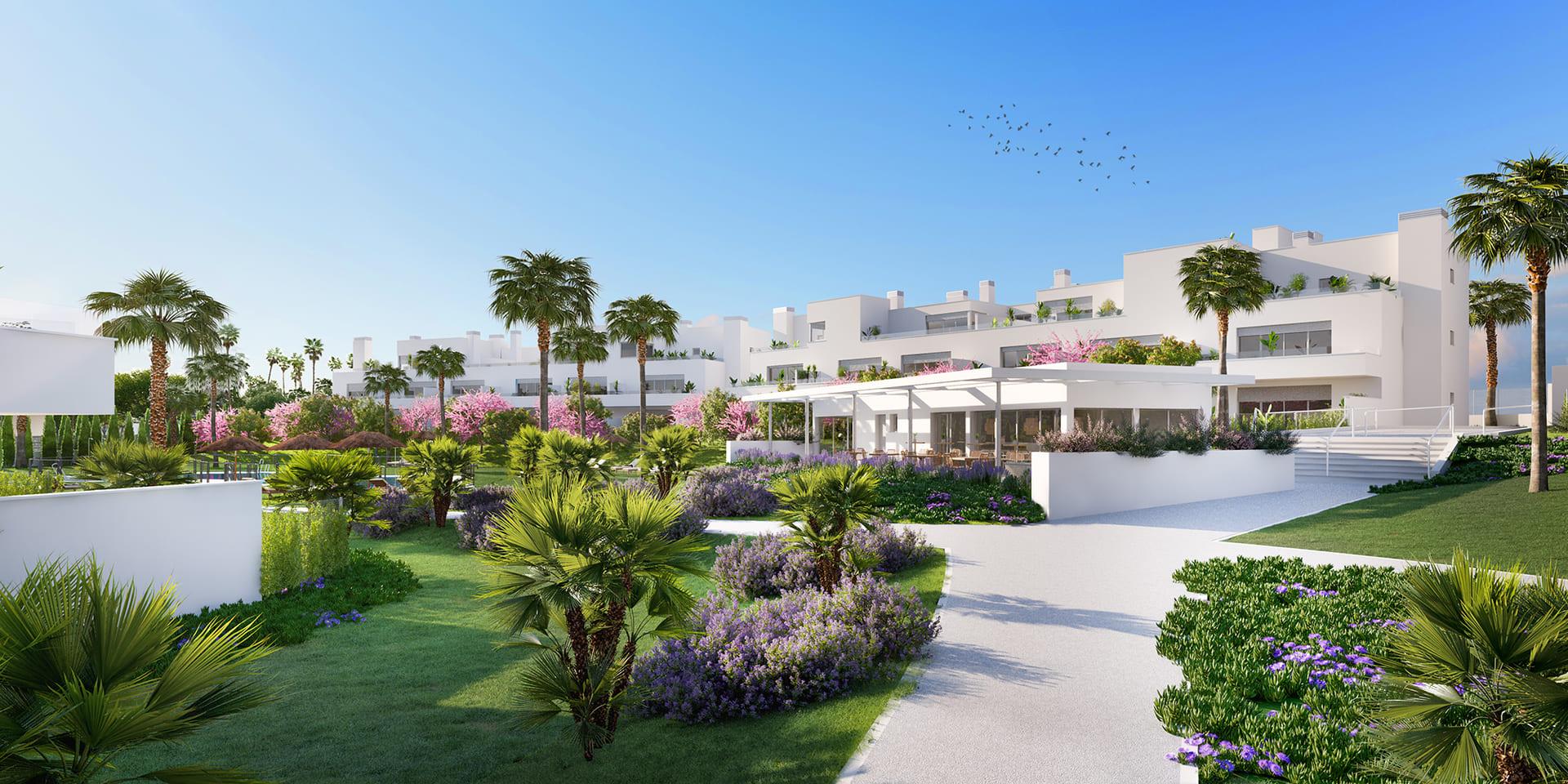Landscaped communal gardens in new-build development, Los Flamingos