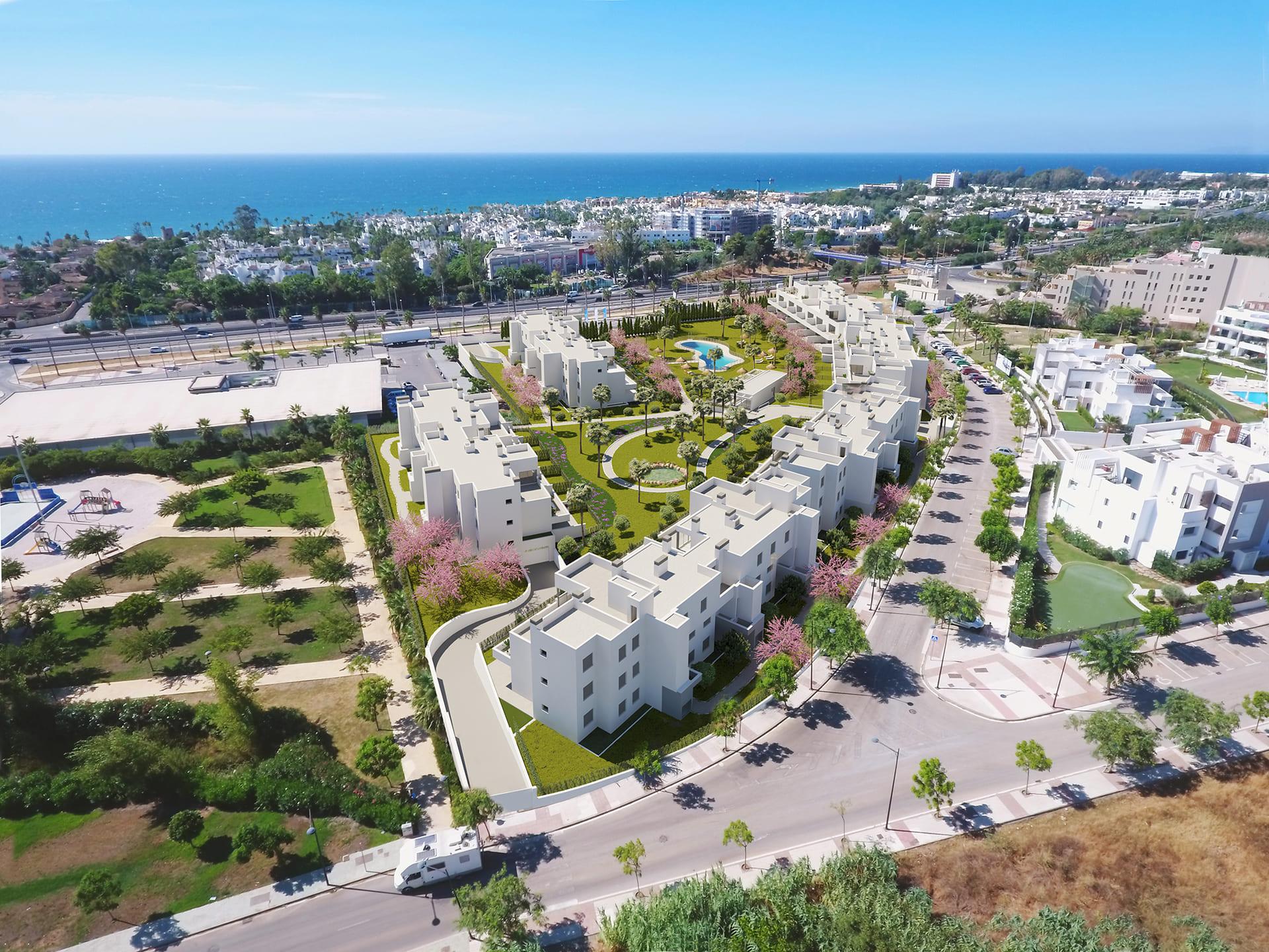 Evening exterior of new-build residential complex, Los Flamingos, Estepona