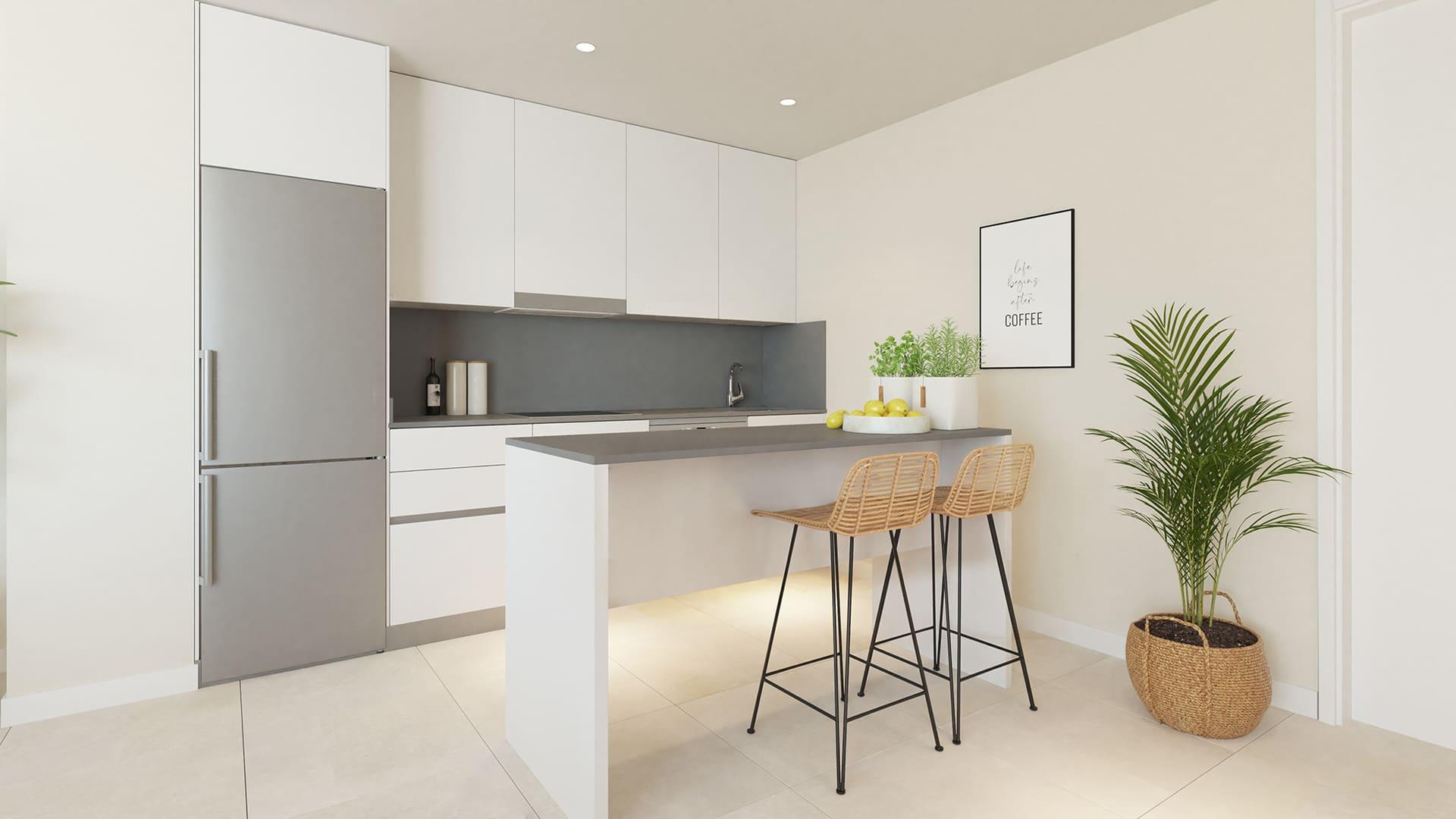 Kitchen with integrated appliances in new-build apartment, Los Flamingos, Estepona